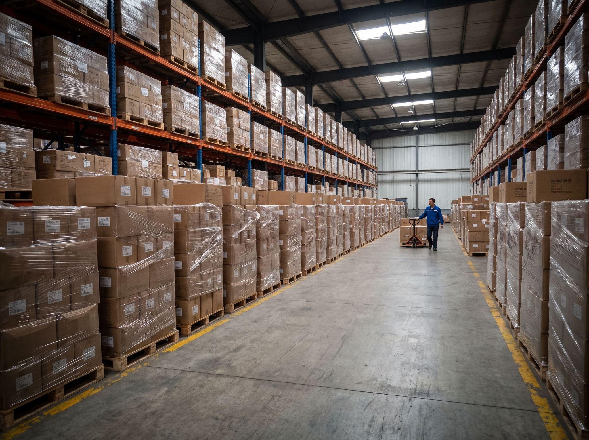 Logistics warehouse aisle with pallets