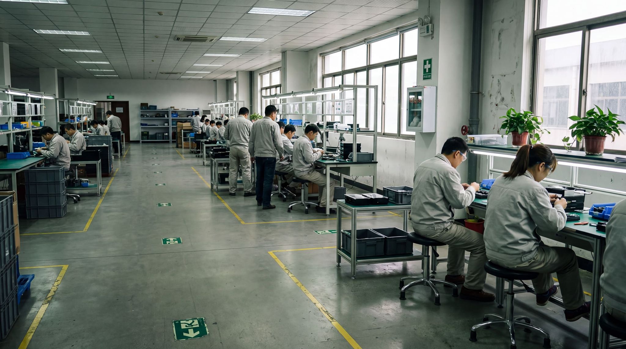 Bright assembly workshop with yellow-marked aisles, operators seated on stools at their stations