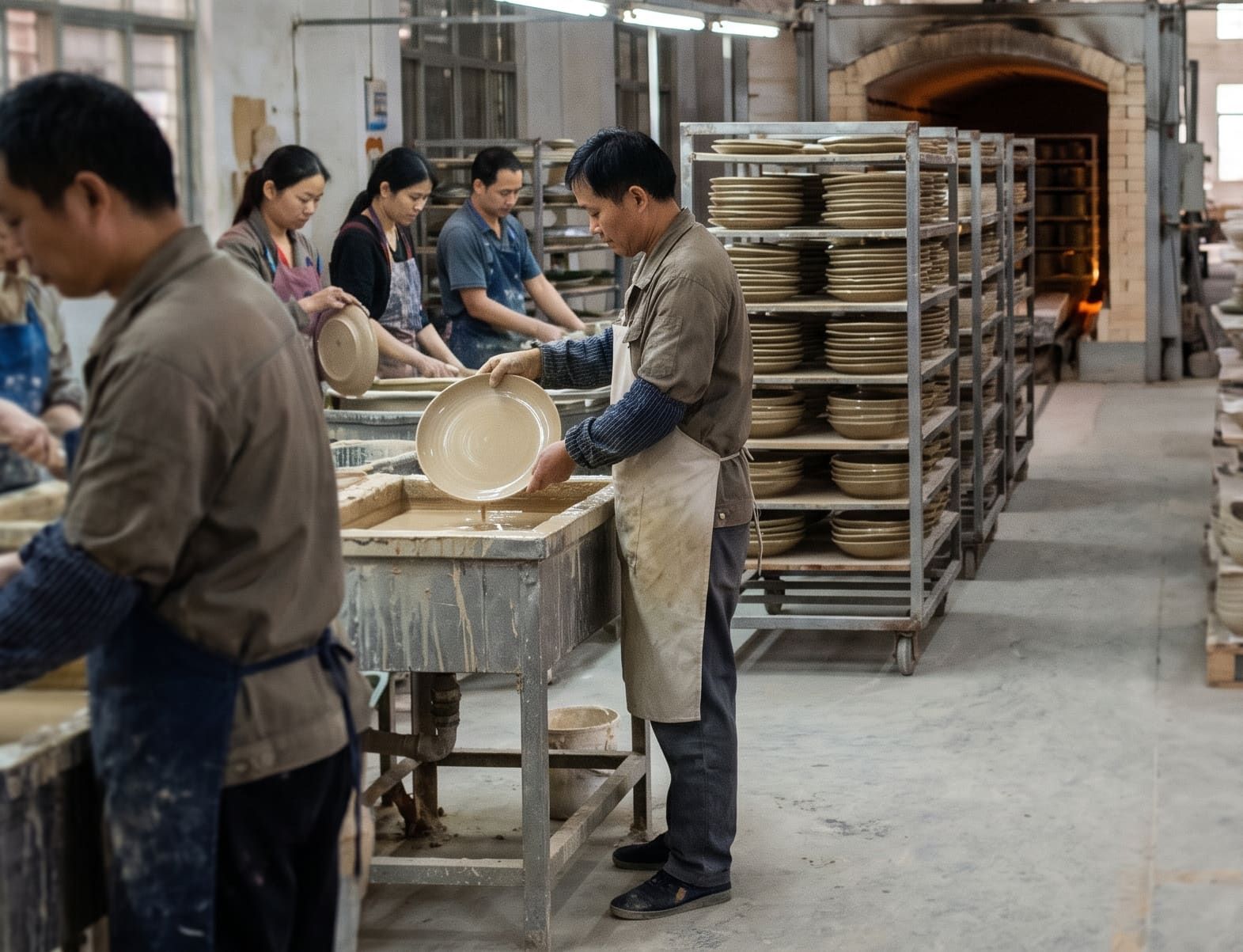 Glazing of stoneware tableware before firing