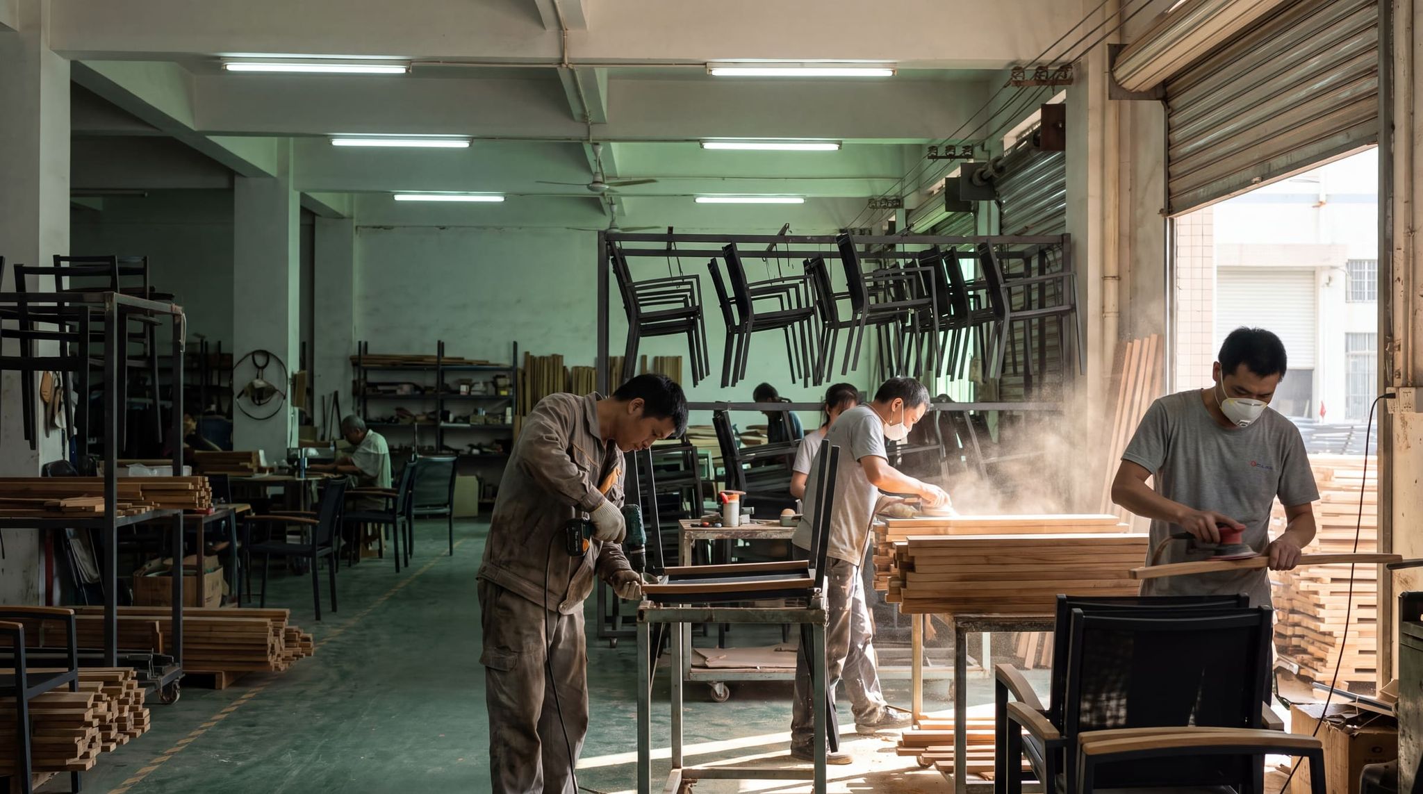 Garden furniture workshop: sanding teak and assembling aluminum armchairs in wood dust