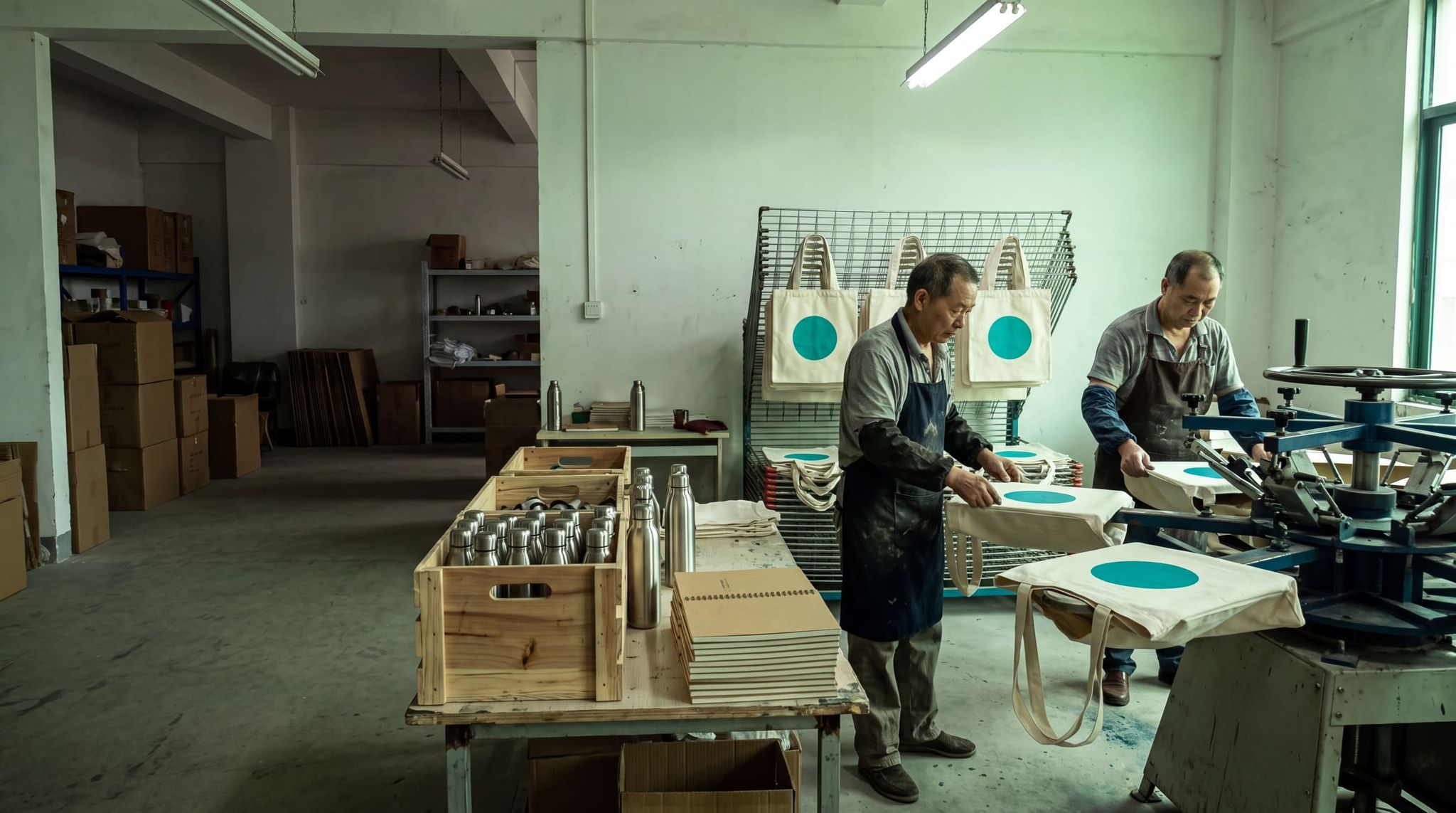 Screen-printing workshop: two operators in aprons printing turquoise-dot canvas tote bags, stainless steel water bottles and kraft notebooks