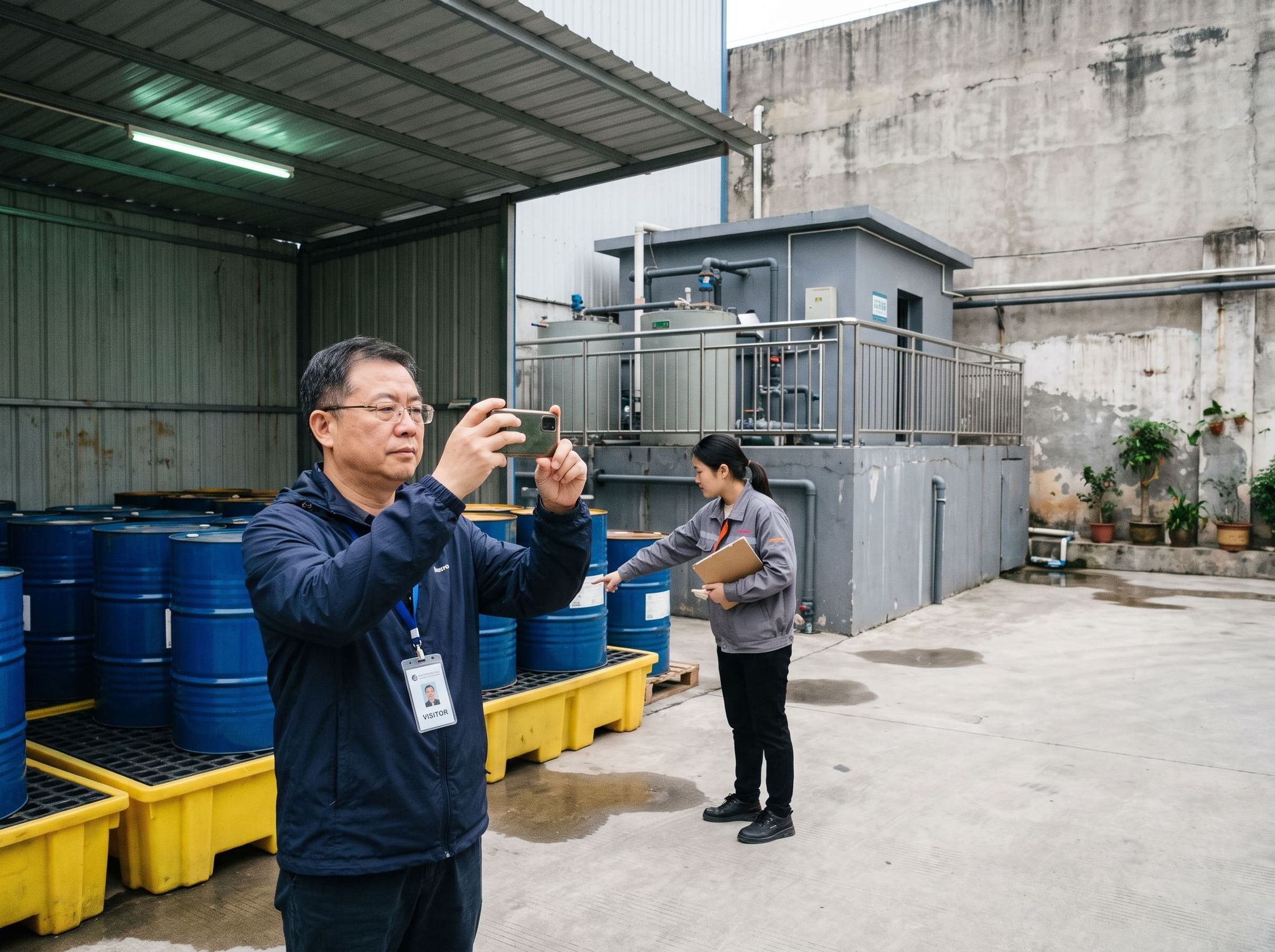Auditor photographing drums on spill containment pallets near a water treatment station