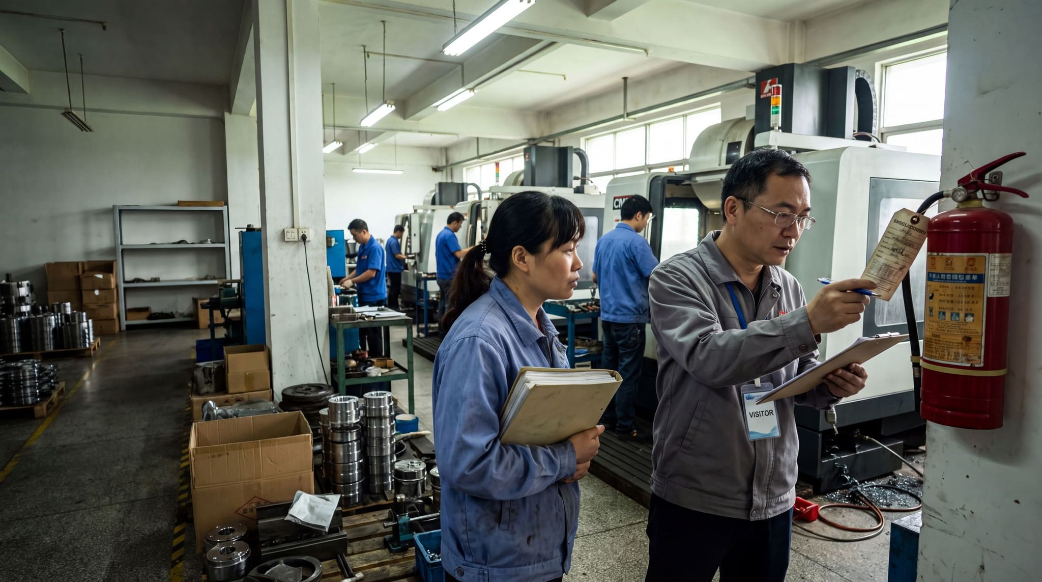 An auditor reads the inspection label on a fire extinguisher in a machining workshop, a safety manager at his side
