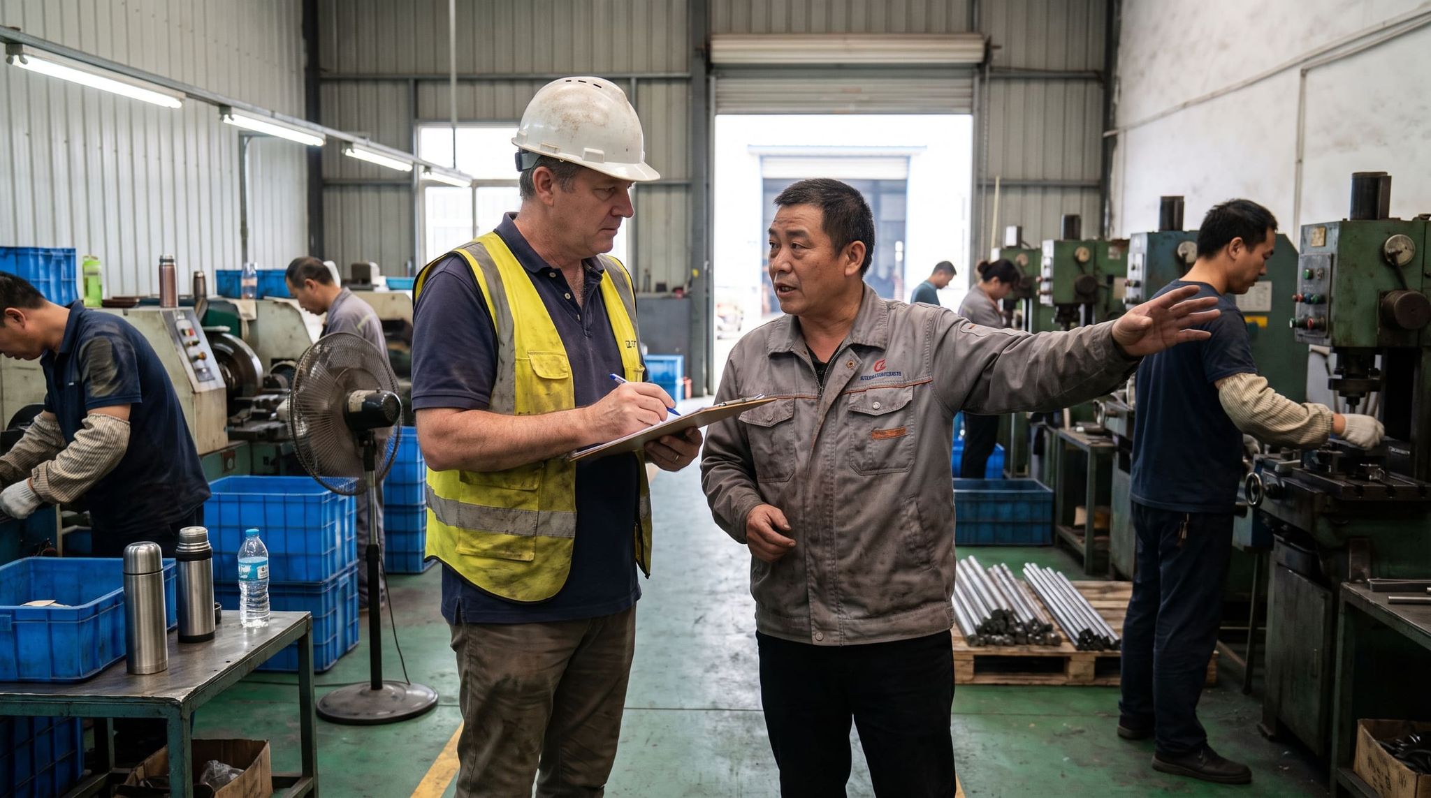 Auditeur et directeur d'usine échangeant dans l'atelier d'usinage