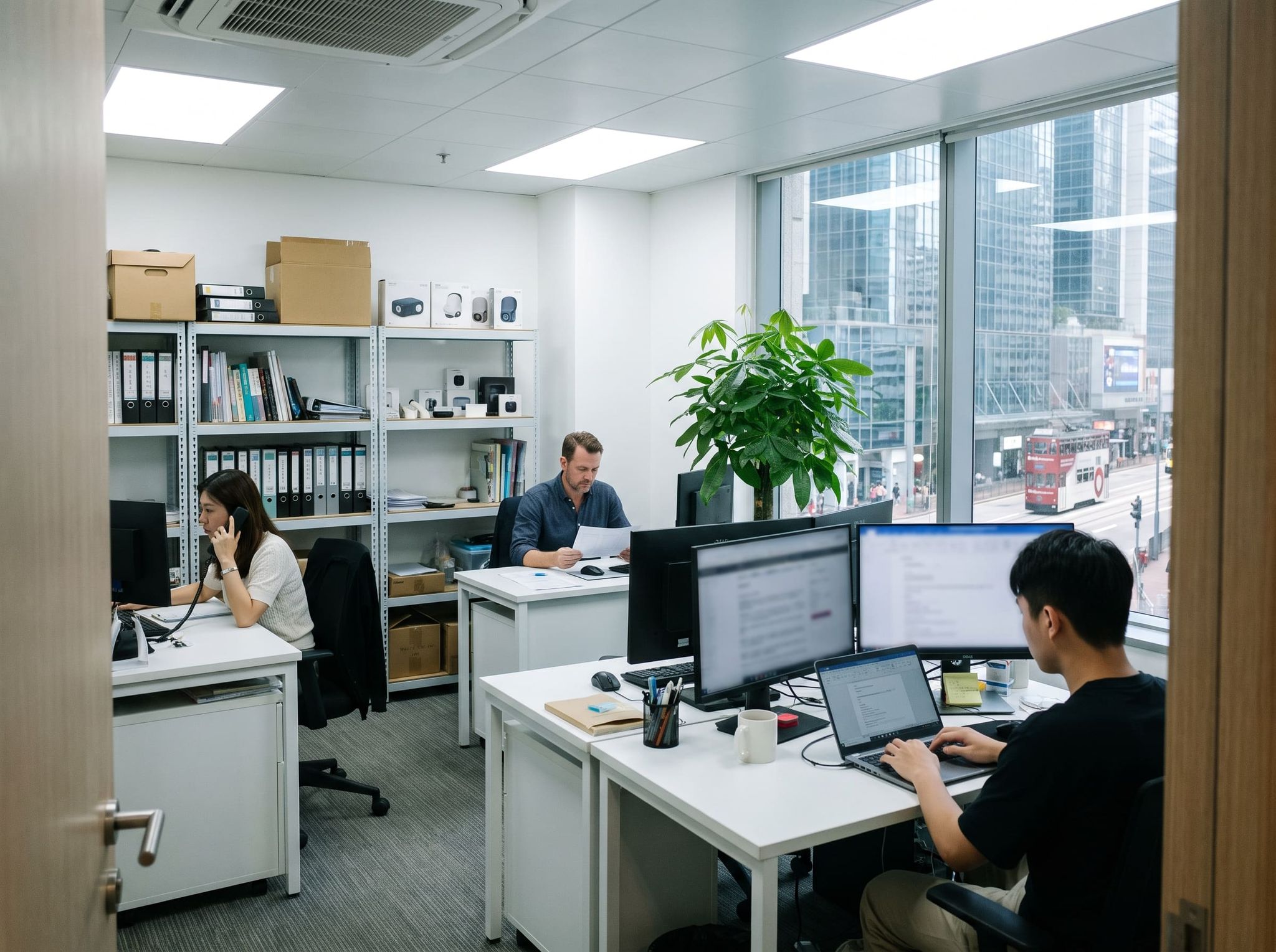 Open-plan office overlooking a Hong Kong street