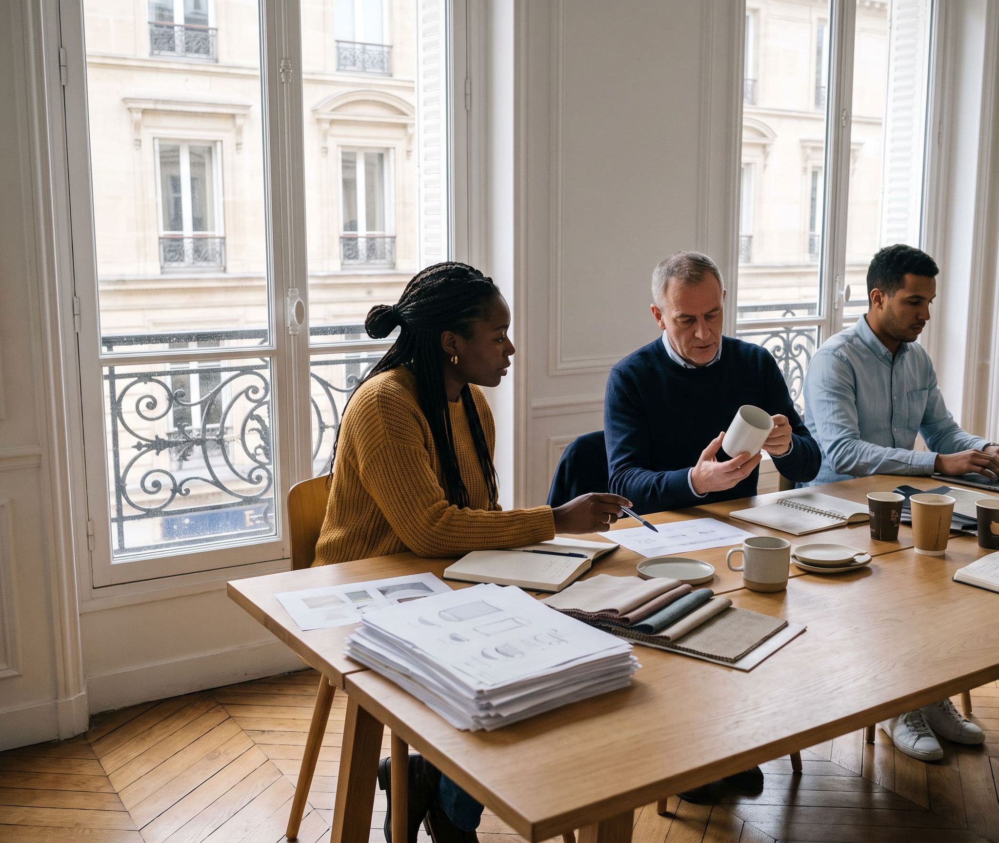 Office in a Haussmann-style building in Paris: three people examining a mug, fabric swatches and drawings around an oak table