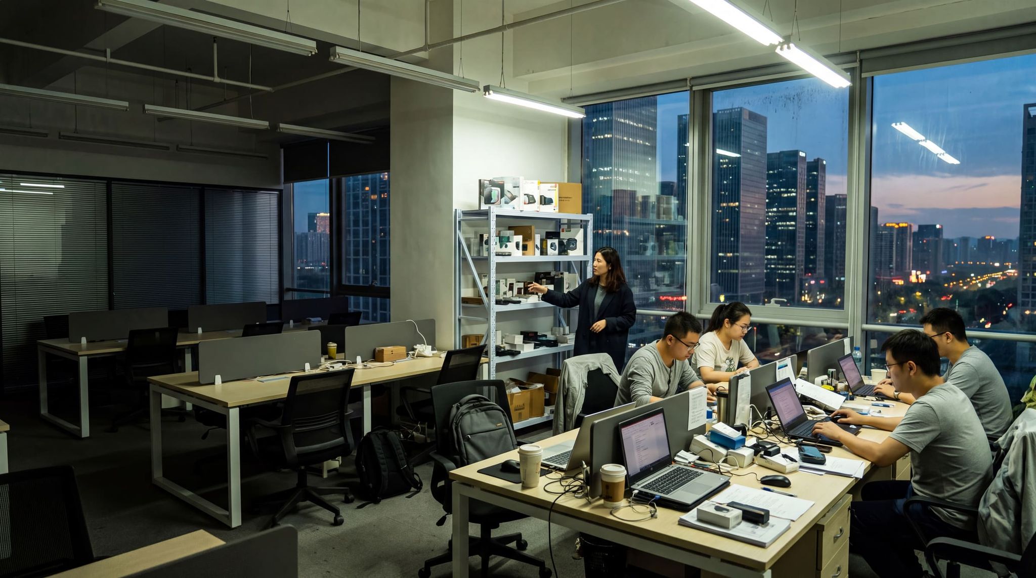 Open-plan office at dusk: team at work in front of computers, sample shelf, towers lit in the background