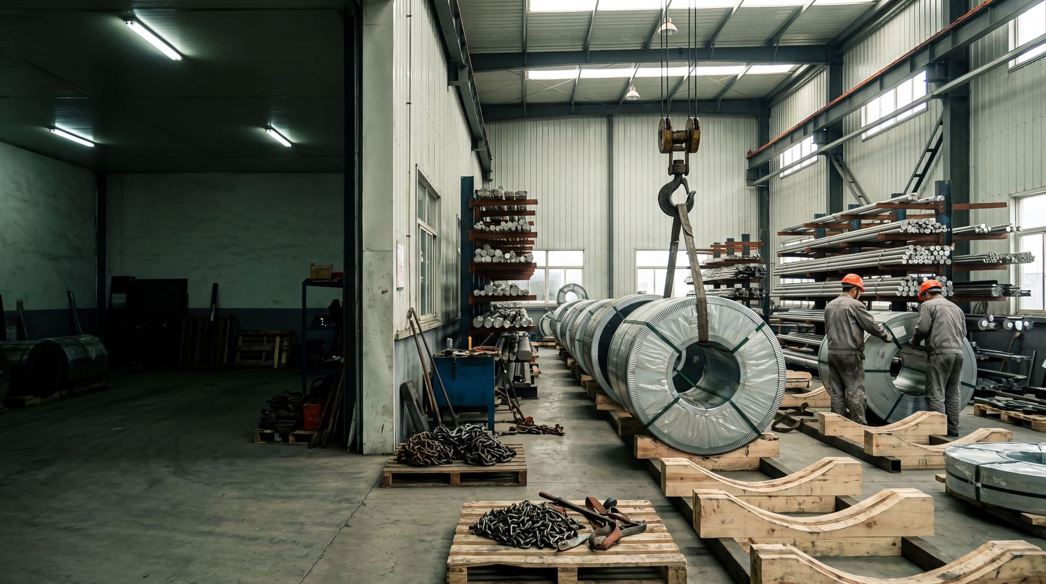 Steel coils on wooden cradles and stainless steel bars on racks in a steel service center, two workers in the distance