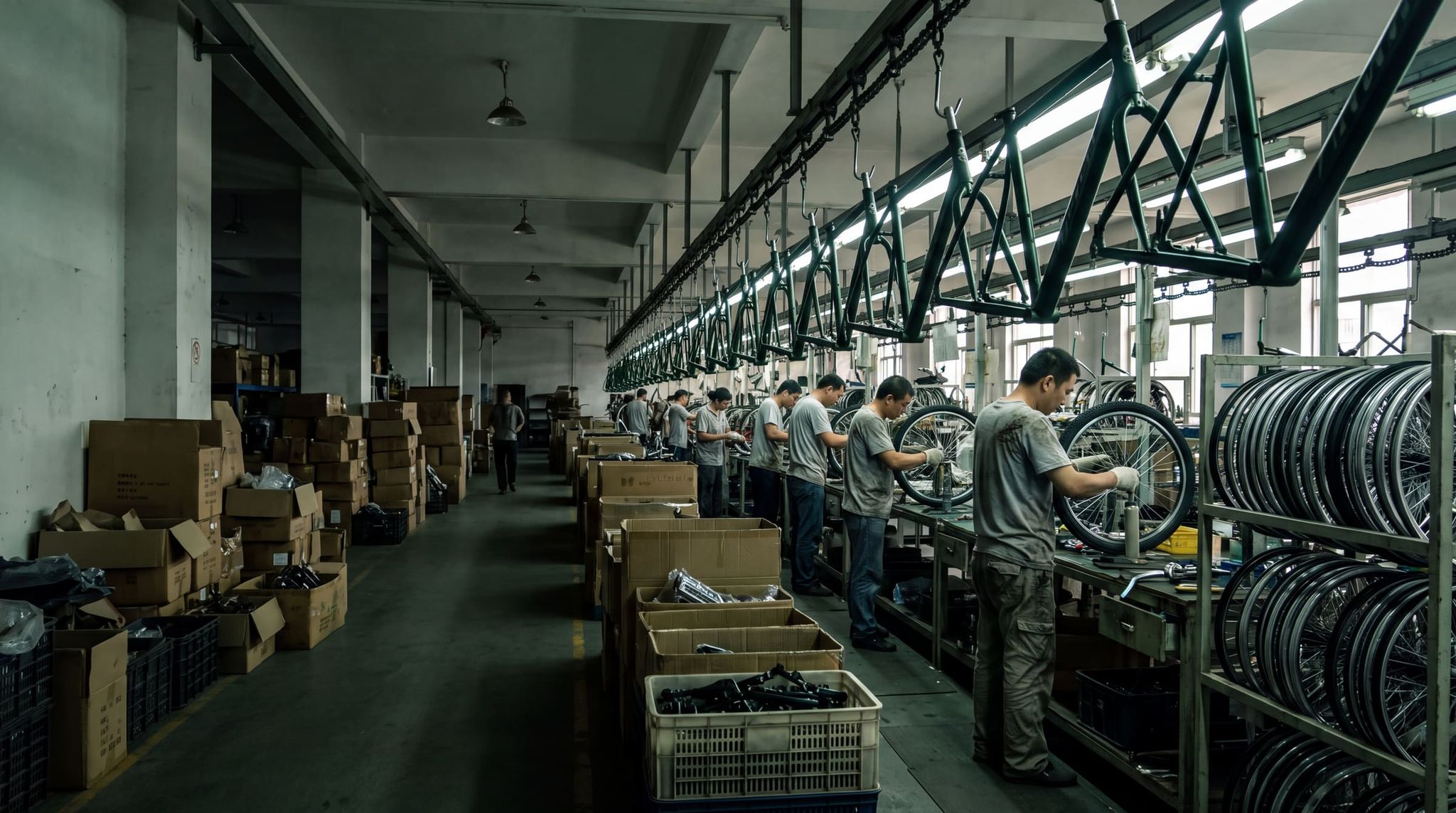 Bicycle assembly line: dark green frames hanging from a conveyor, workers adjusting wheels