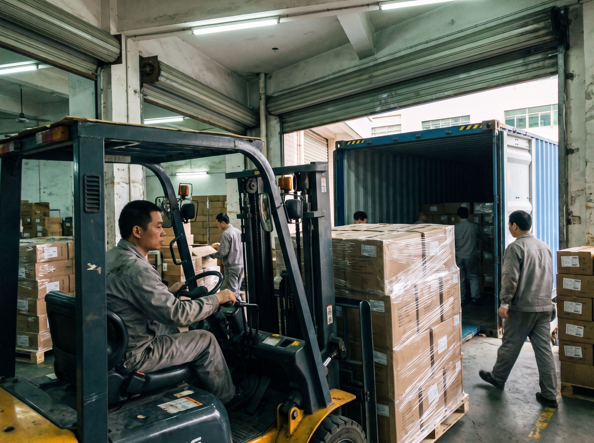 Forklift operator driving a forklift carrying a stretch-wrapped pallet toward an open blue container, at the dock