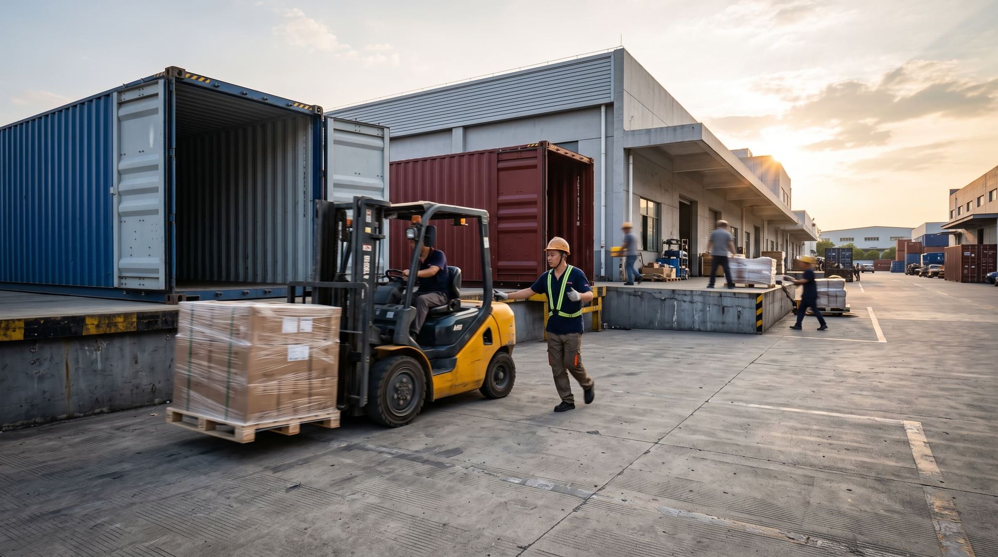 Forklift and containers at sunset