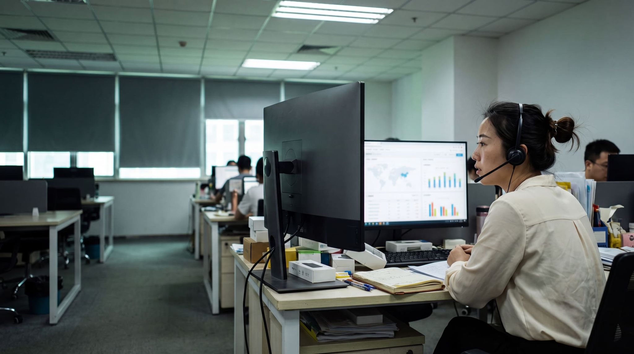 Project manager on a call with a headset at her desk, screen showing a map and charts, sample boxes on the table