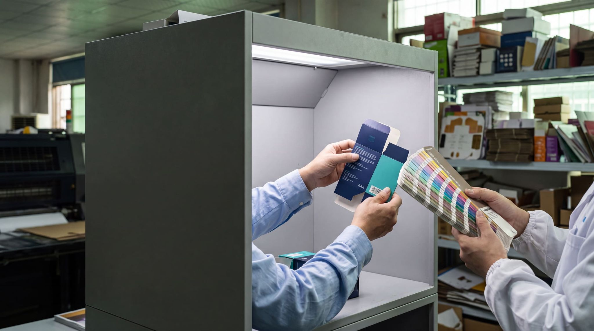 Hands holding a navy and teal printed case in a light booth, compared against a color swatch book