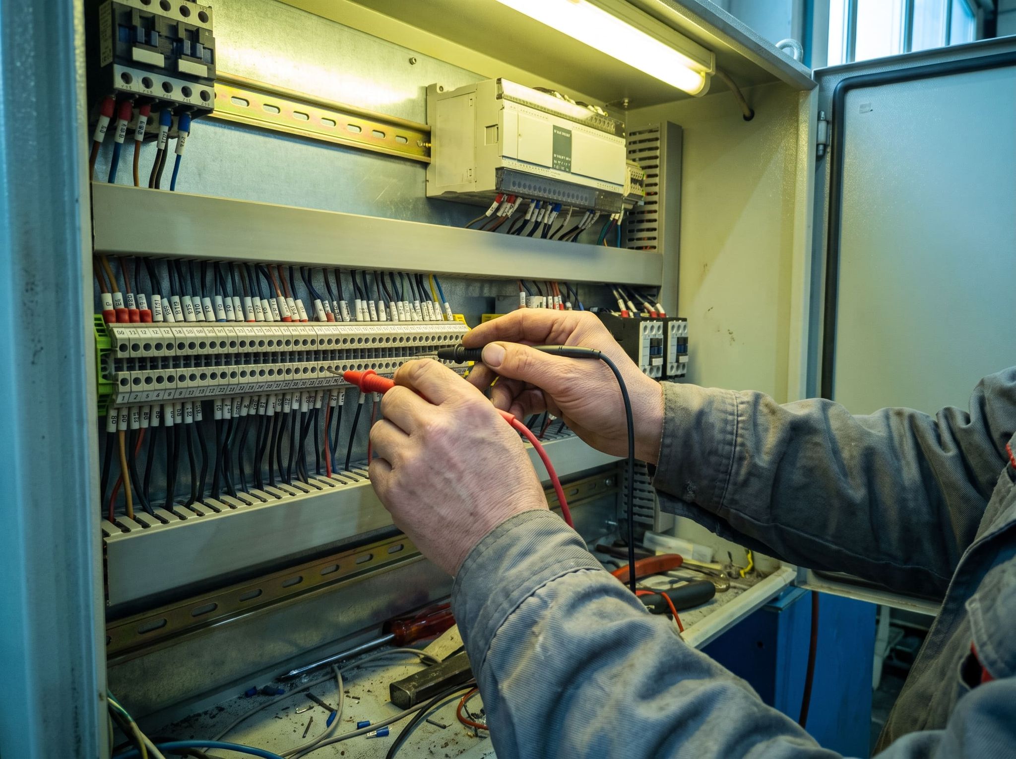 Hands holding two test probes on the terminal block of an open electrical cabinet on an industrial machine, labeled wiring
