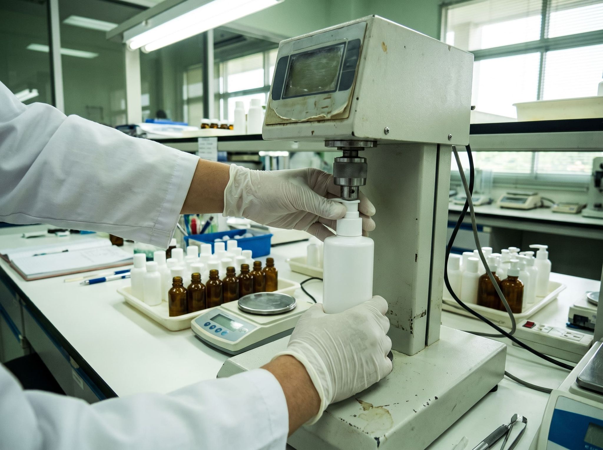 Gloved hands placing a white pump bottle under the chuck of a torque tester, white and amber bottles around