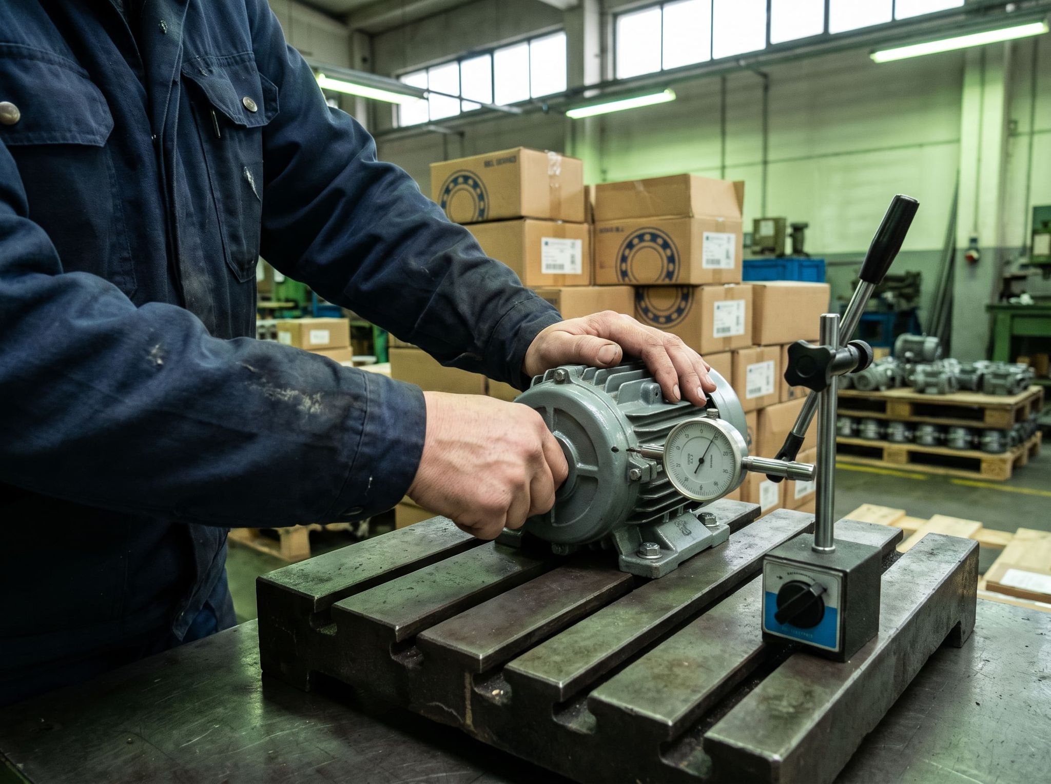 Runout check on a small electric motor with a dial indicator on a magnetic base, on a cast iron surface plate