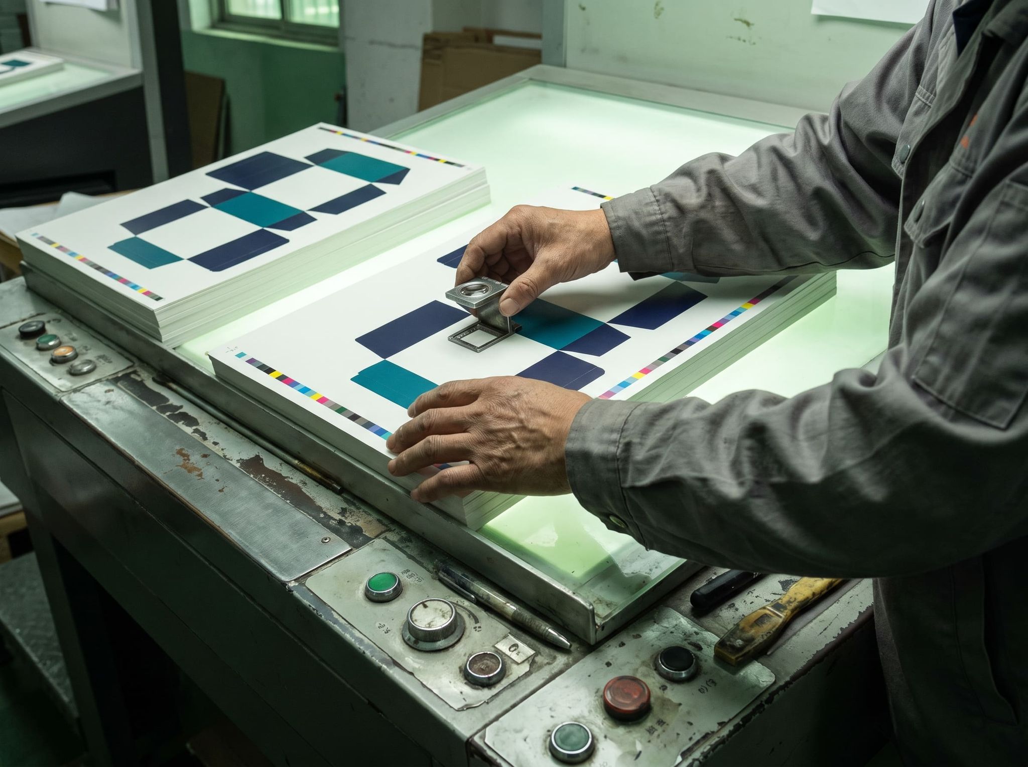 One hand places a thread counter on a sheet of packaging printed in navy and teal, the other holds the stack