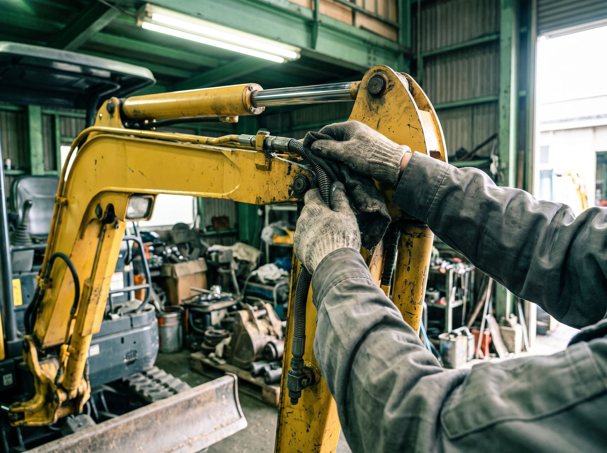 Gloved hands wiping with a cloth the hydraulic hose fitting on the boom of a yellow mini excavator