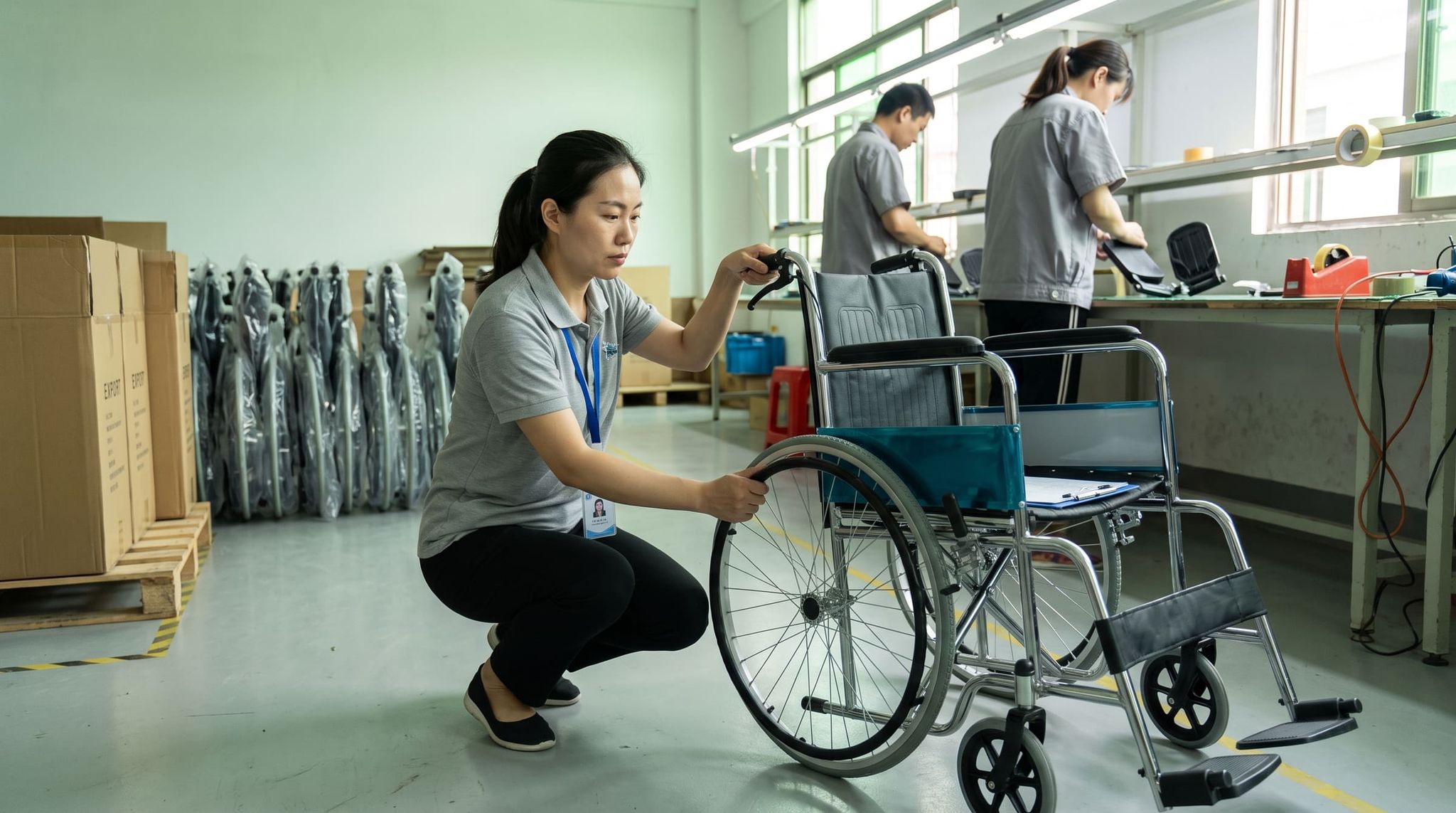 Inspector crouching to test the brake and wheel of a wheelchair at the end of an assembly line