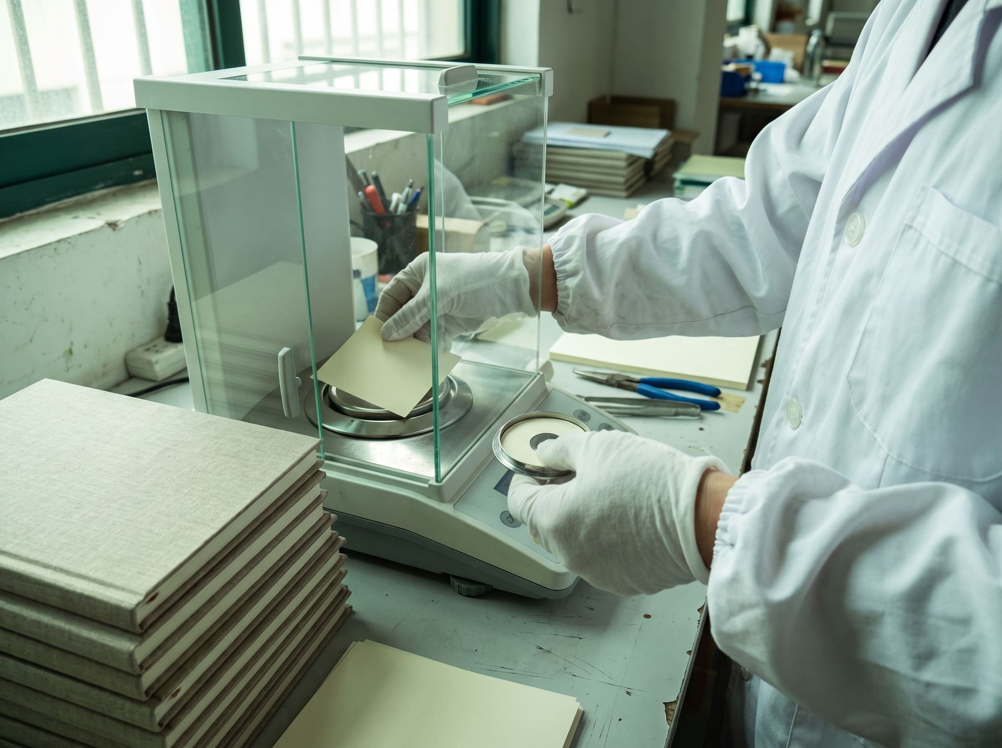 Gloved hands place a cream-colored paper sample on a precision scale, notebooks beside it