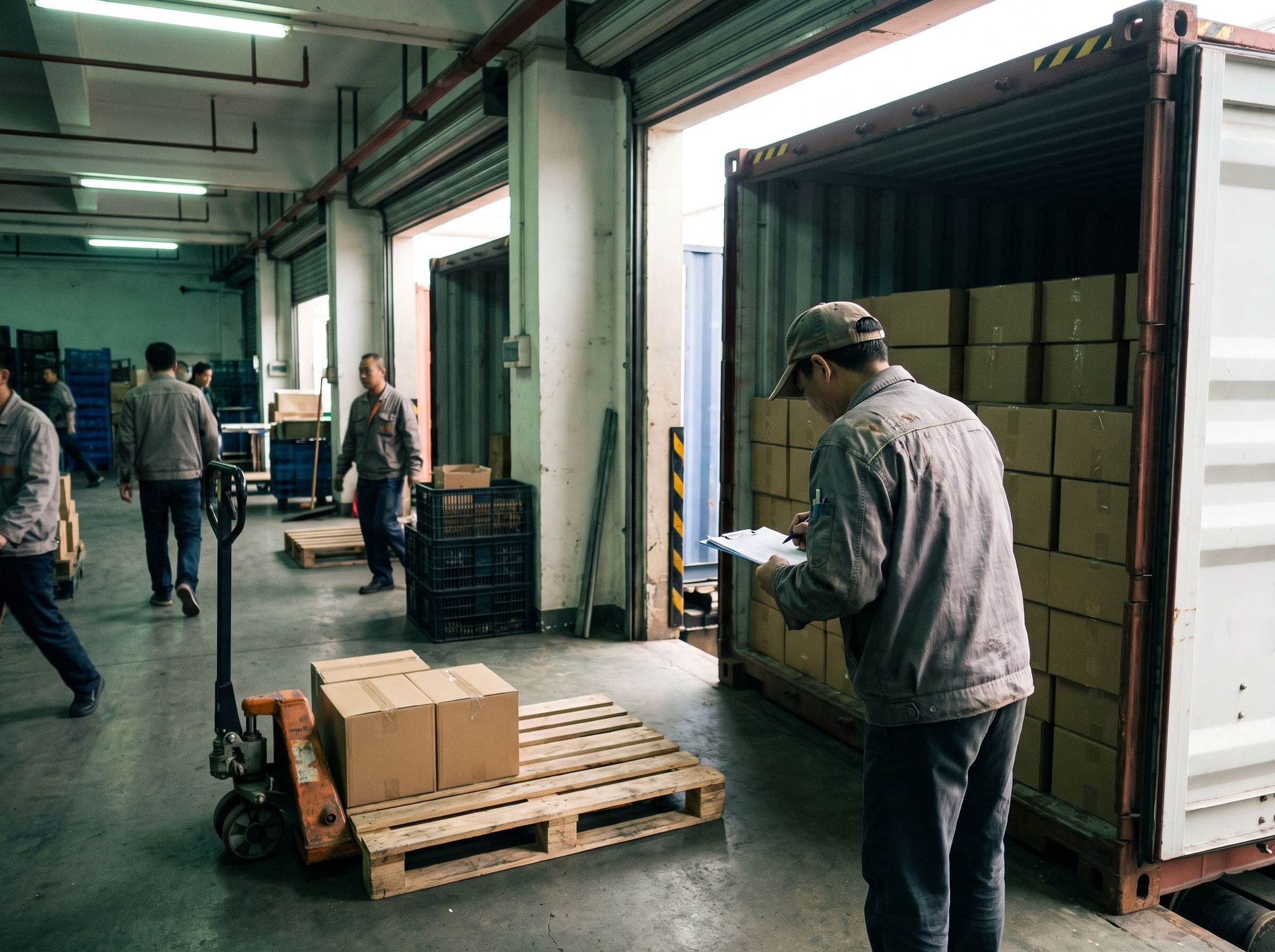 Loading supervisor seen from behind, cap and gray jacket, pointing at stacked cartons in an open container with a notepad