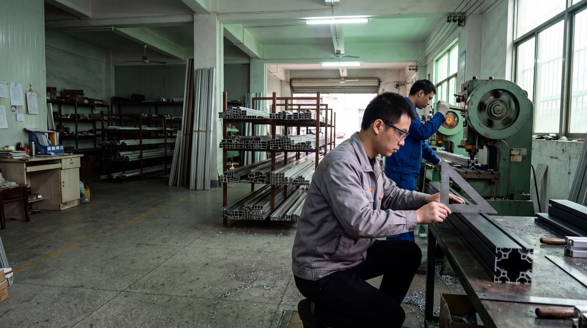 A technician checking an anthracite aluminum profile for squareness; behind him, an operator works at a shop press