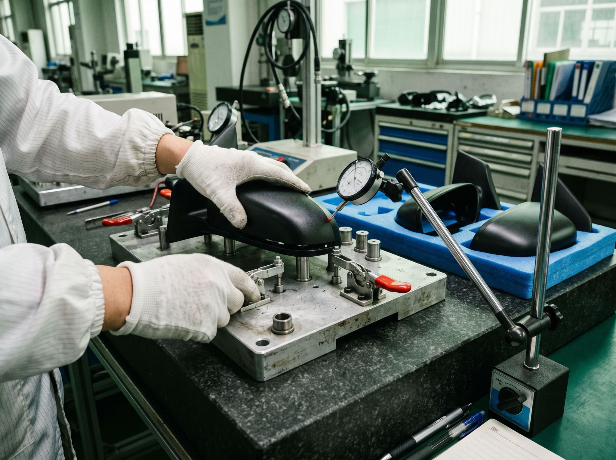 Gloved hands placing a black mirror housing on a checking fixture, dial indicator in contact