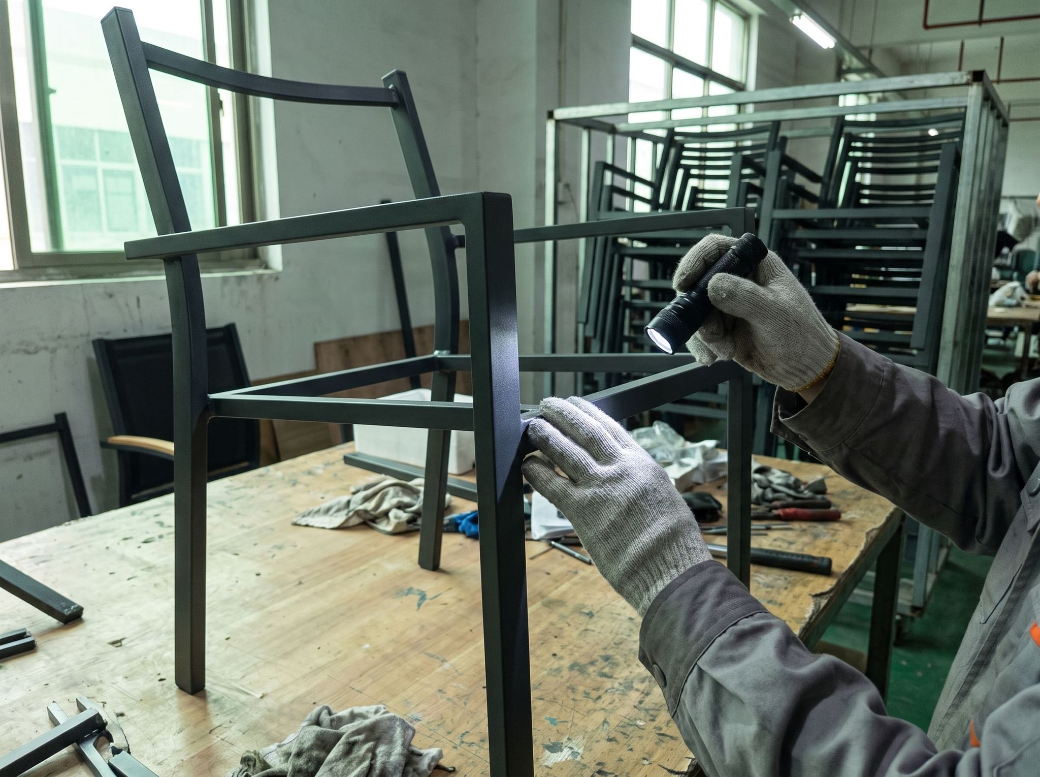 Gloved hands lighting with a flashlight the welded corner of an anthracite aluminum chair frame, in a workshop