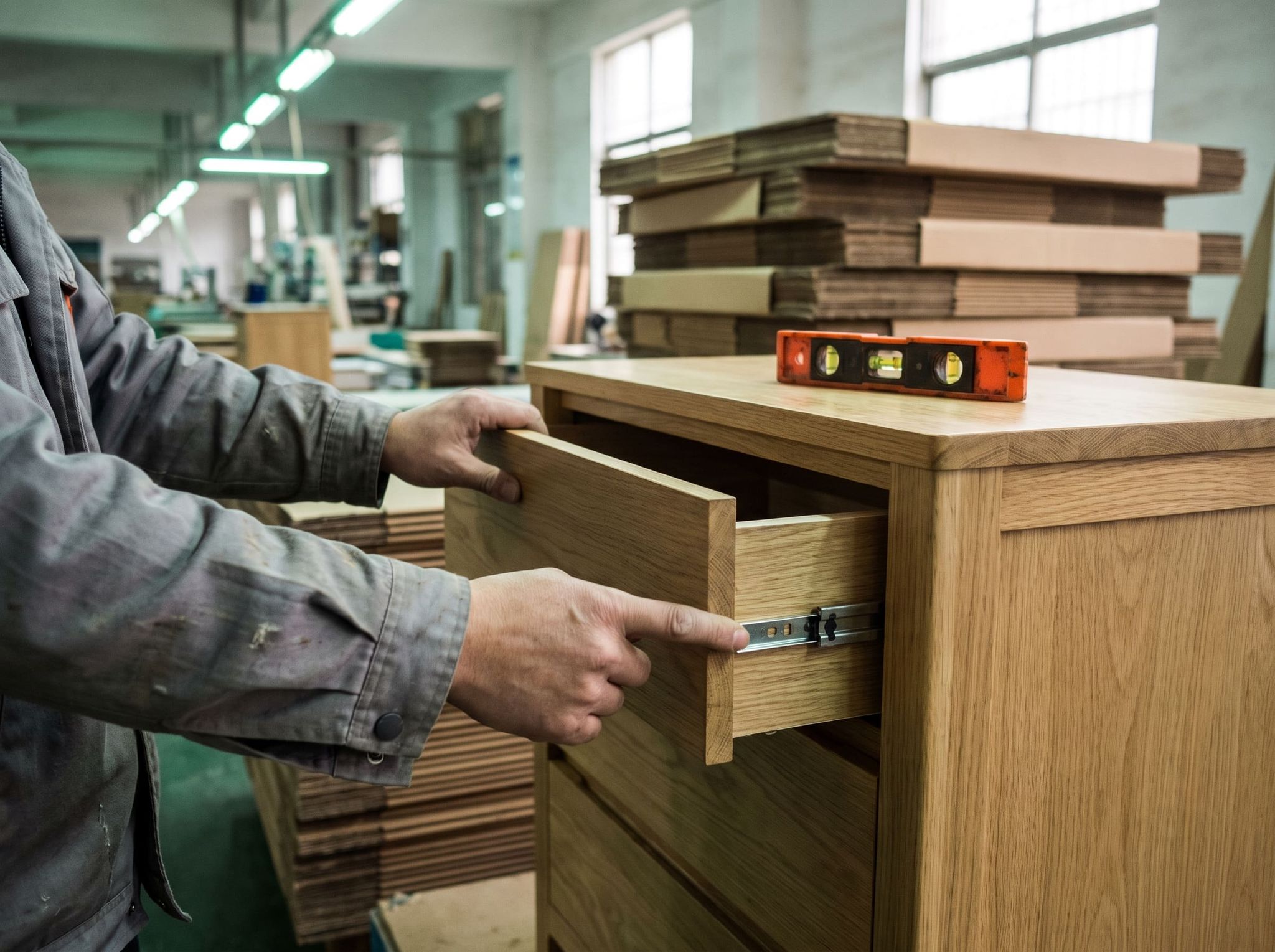 Two hands open the drawer of a light oak dresser and check the runner, a spirit level resting on top
