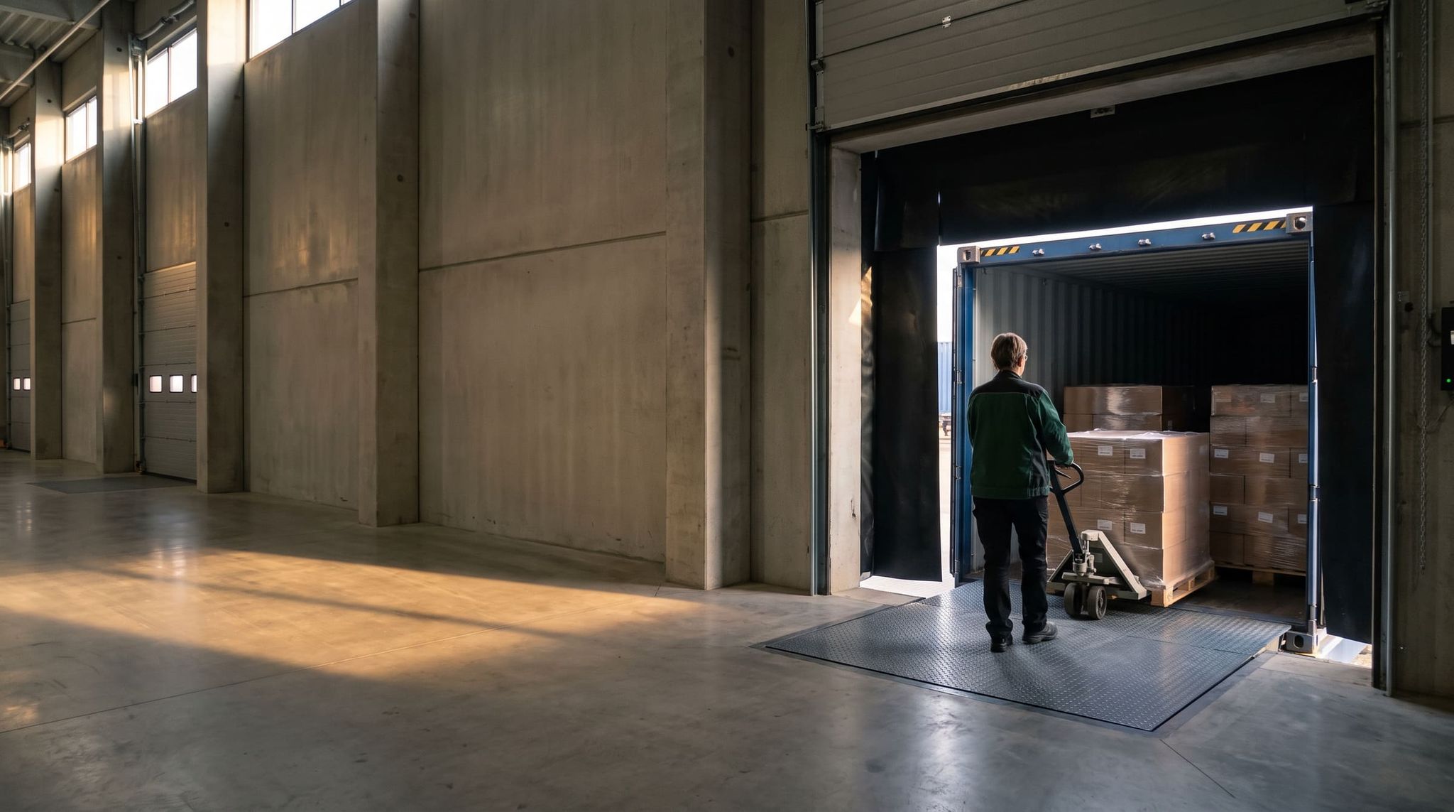 Interior view of a warehouse: a container is backed up to the loading dock door, an operator seen from behind pulls a pallet of cartons out with a pallet jack, in the morning light