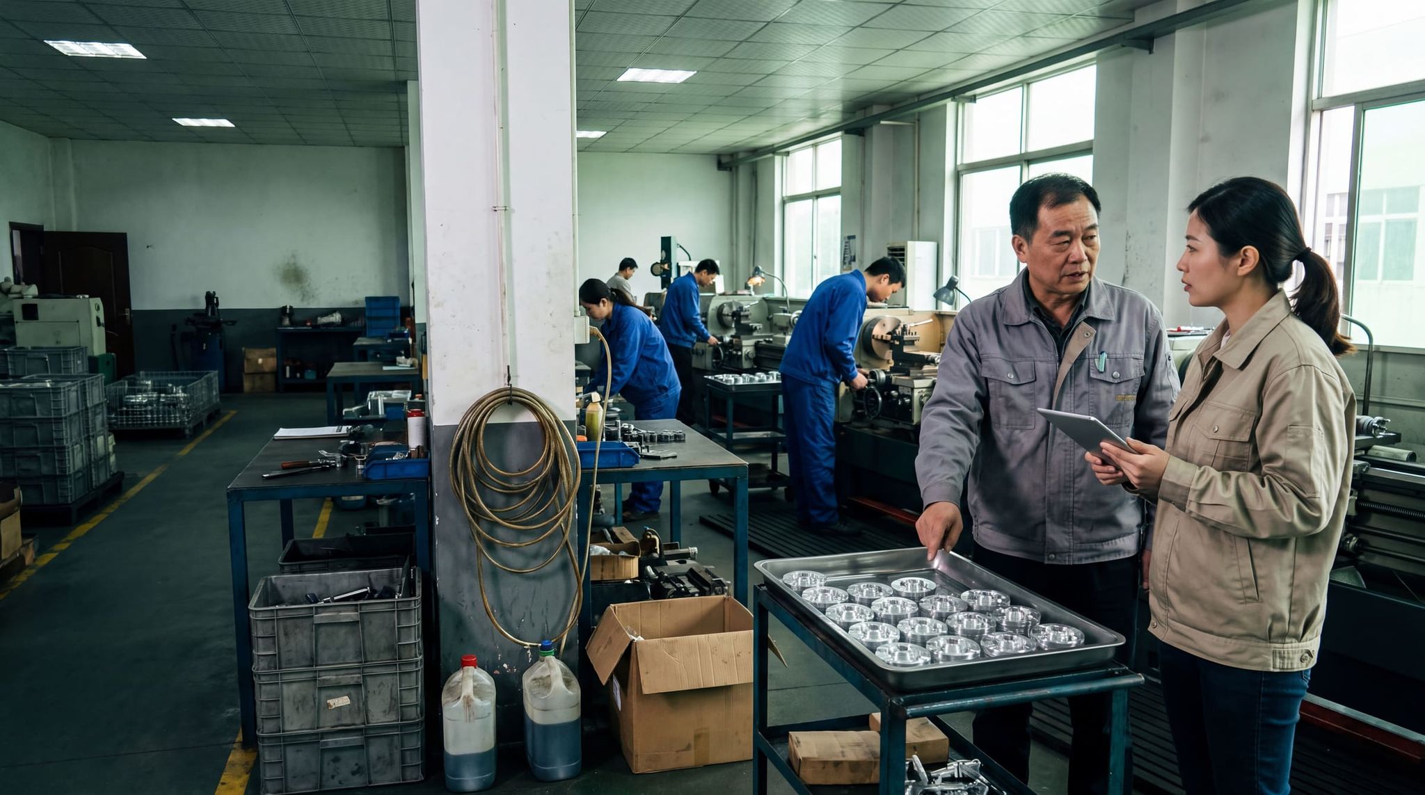 A buyer, tablet in hand, listening to a production manager in front of a tray of machined aluminum parts