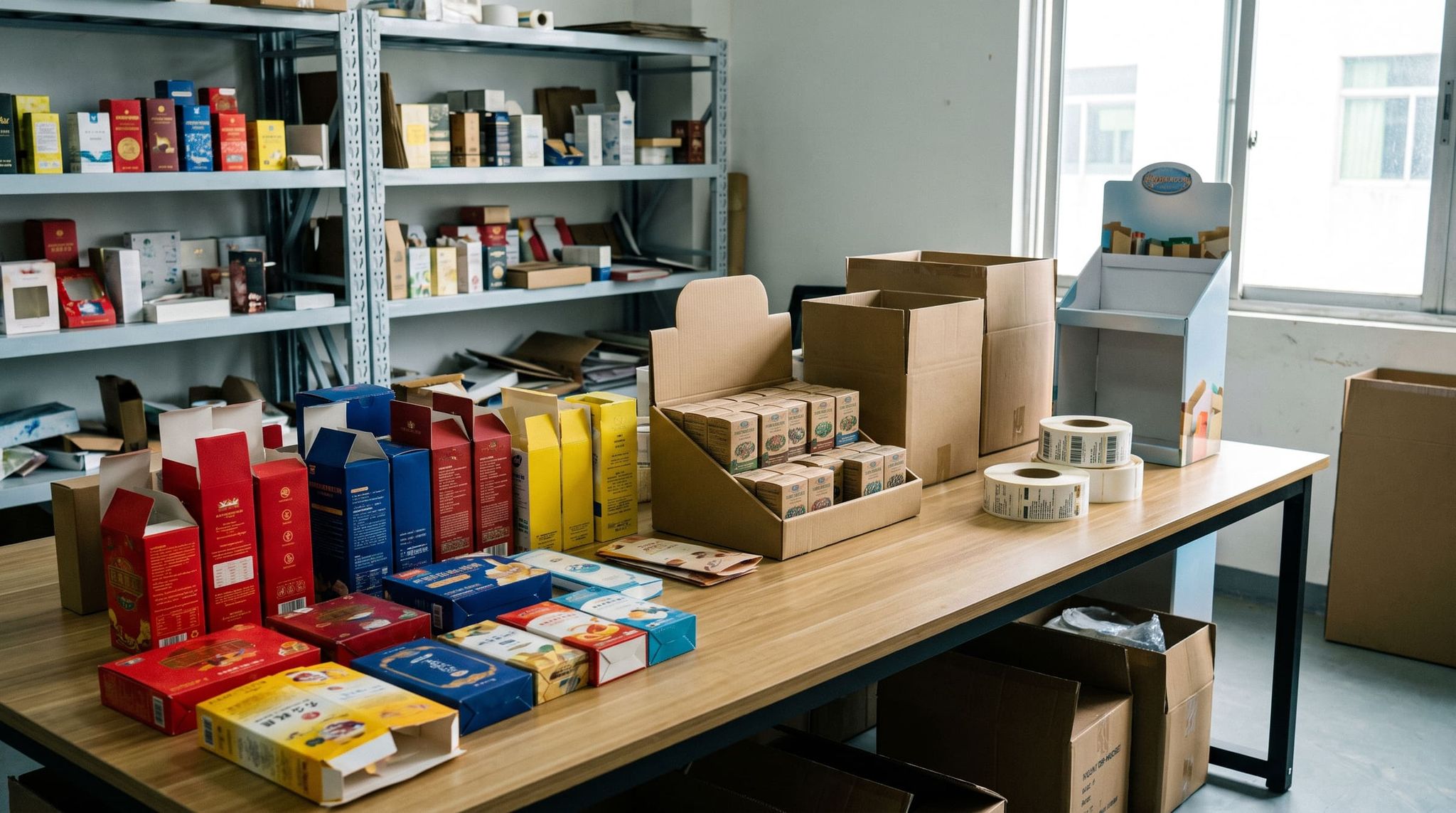 Packaging sample room: printed cartons, cardboard counter displays, kraft boxes and label rolls