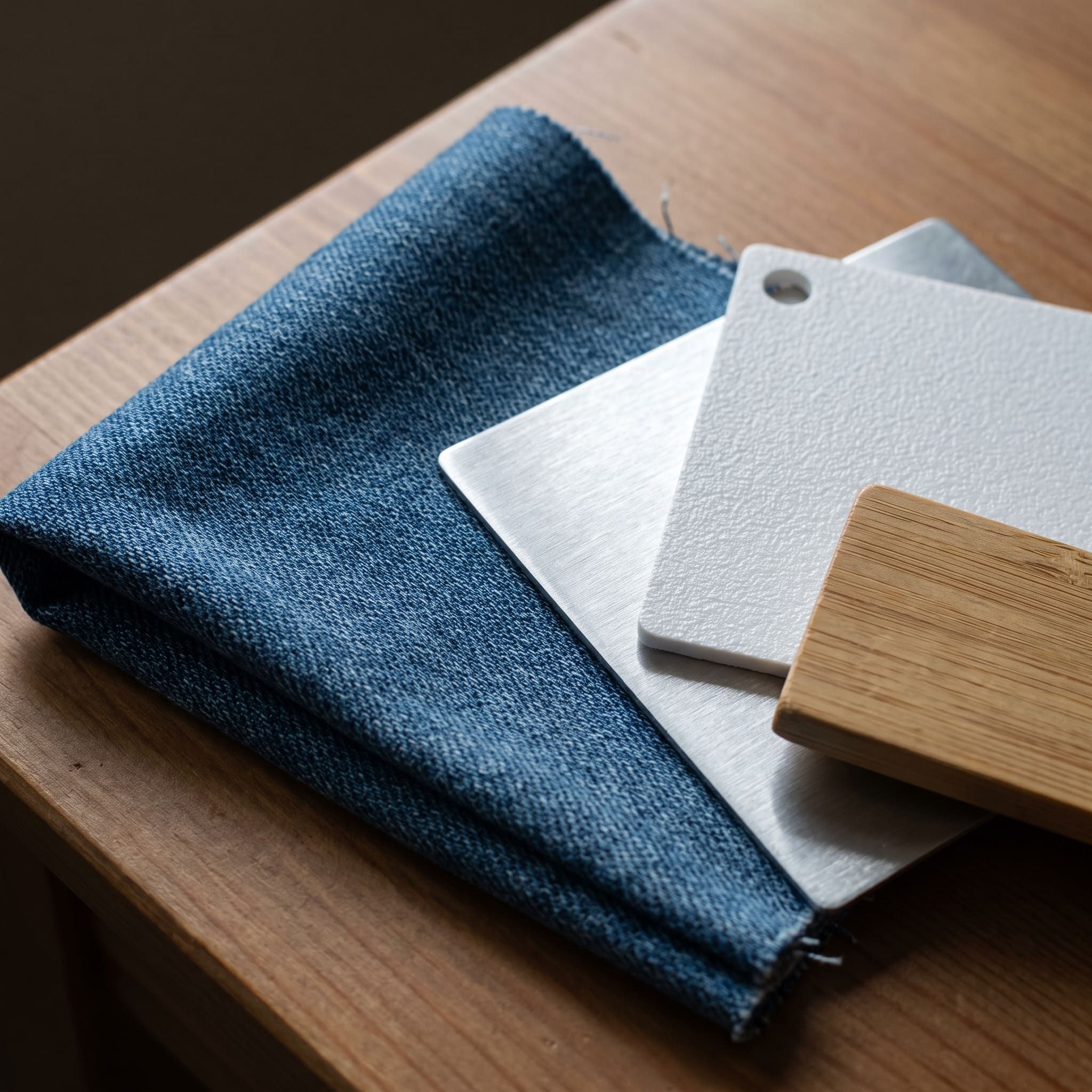 Material samples: denim canvas, grained plastic, brushed aluminum, bamboo