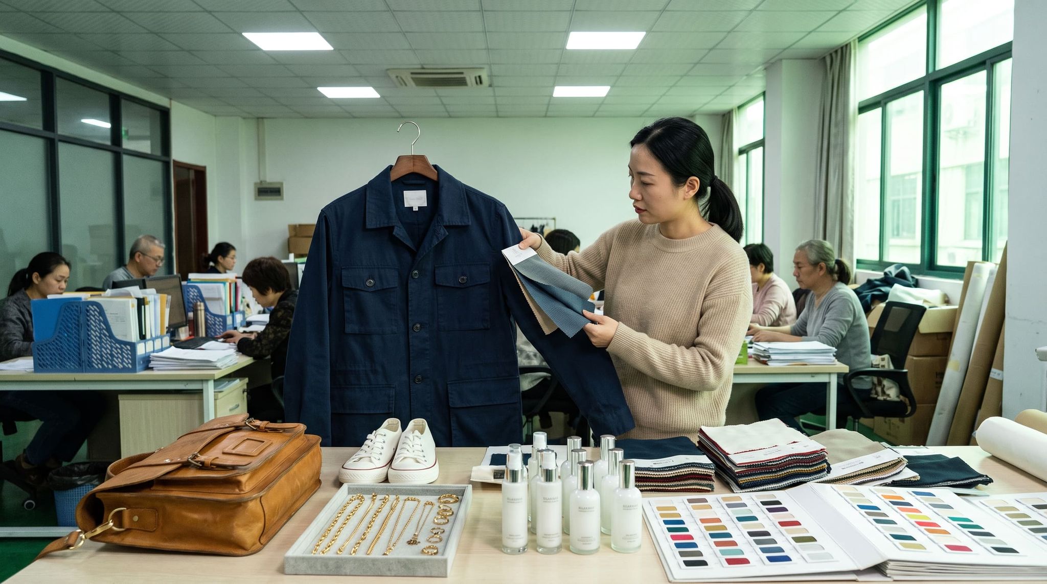 Product manager comparing fabric swatches against a navy jacket, in front of a table of bags, jewelry and bottles