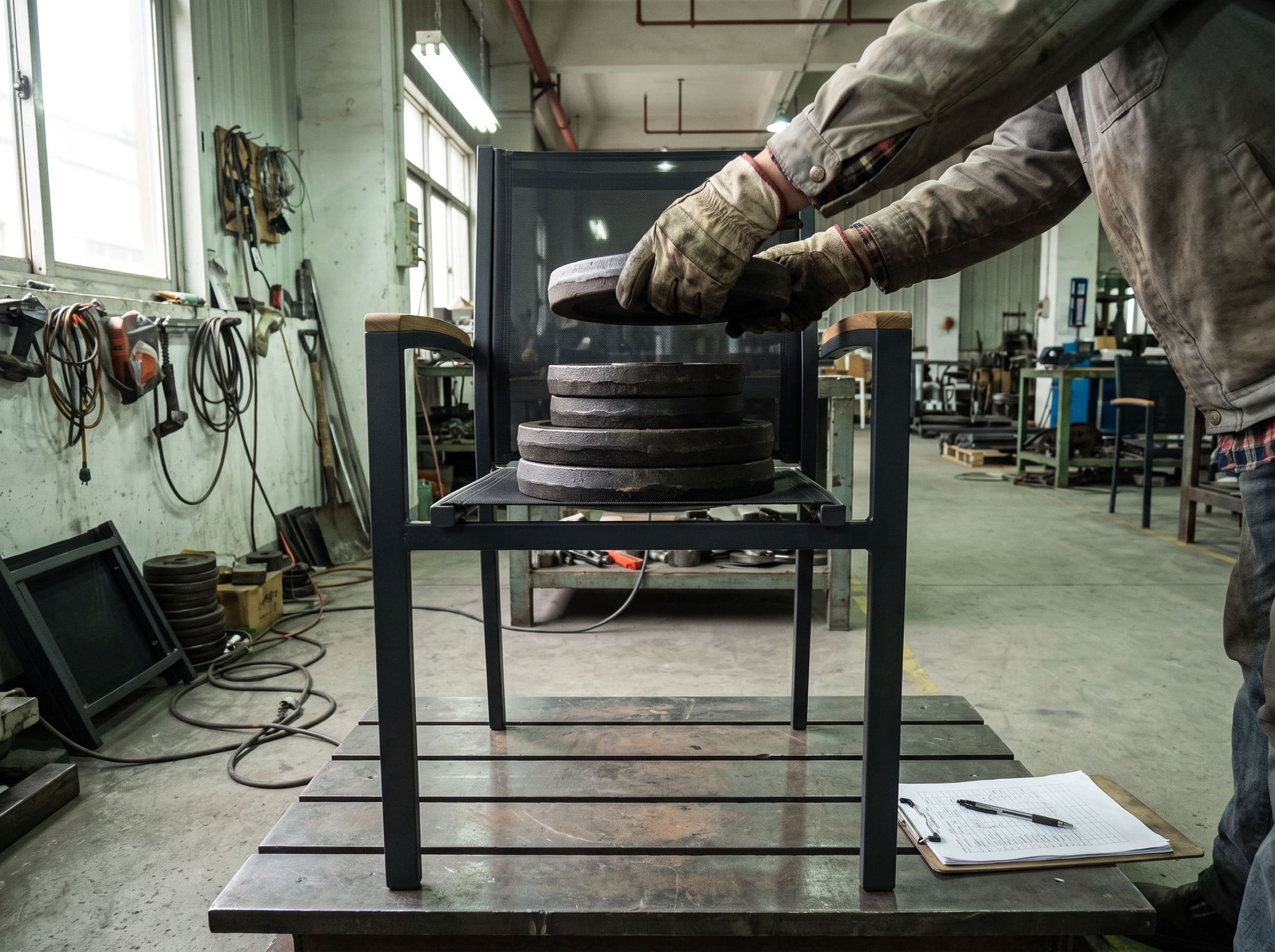 Static load test: gloved hands stacking cast-iron weights on the seat of a garden chair