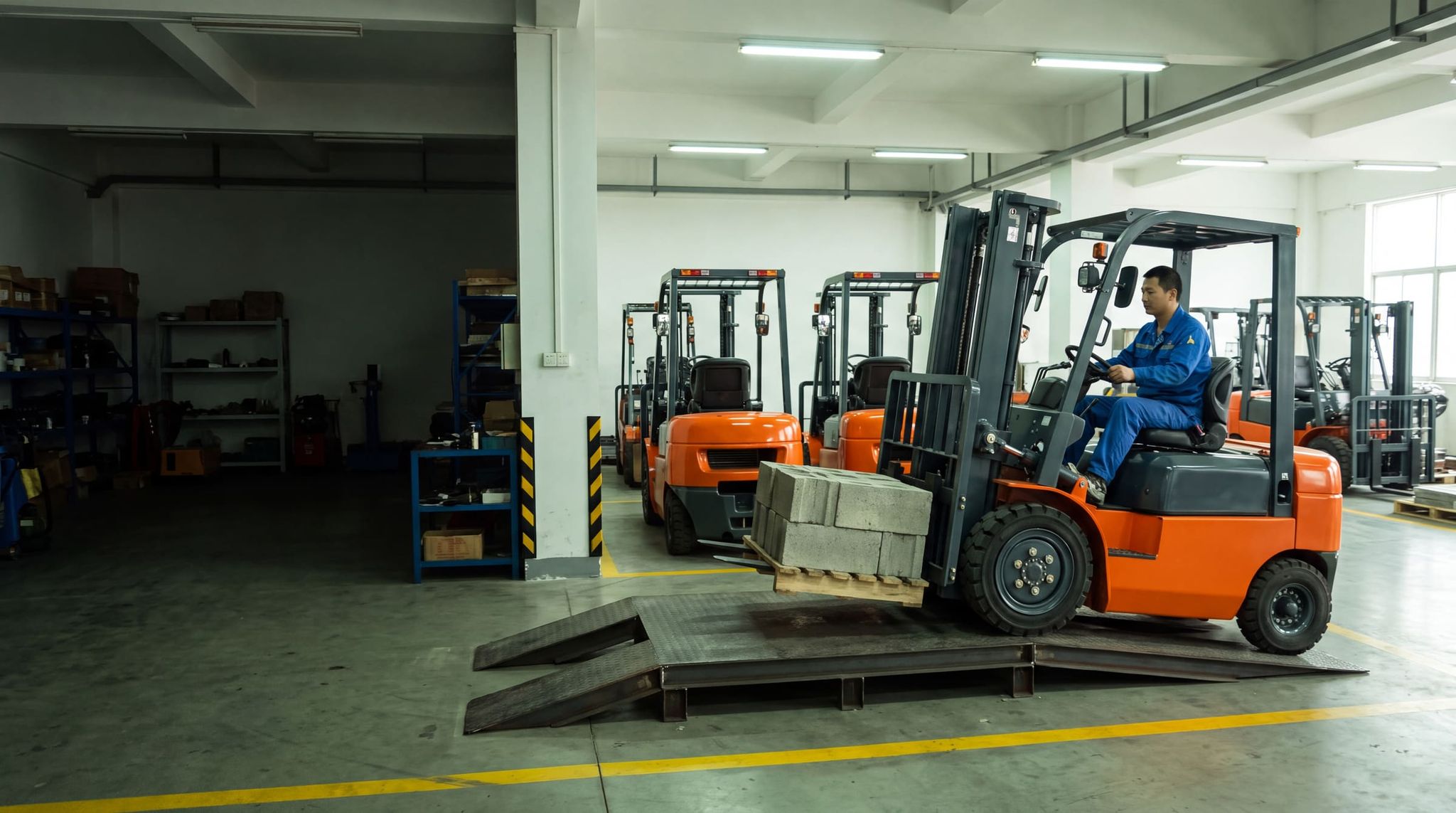 Technician in blue overalls testing an orange forklift loaded with concrete blocks on a factory test ramp
