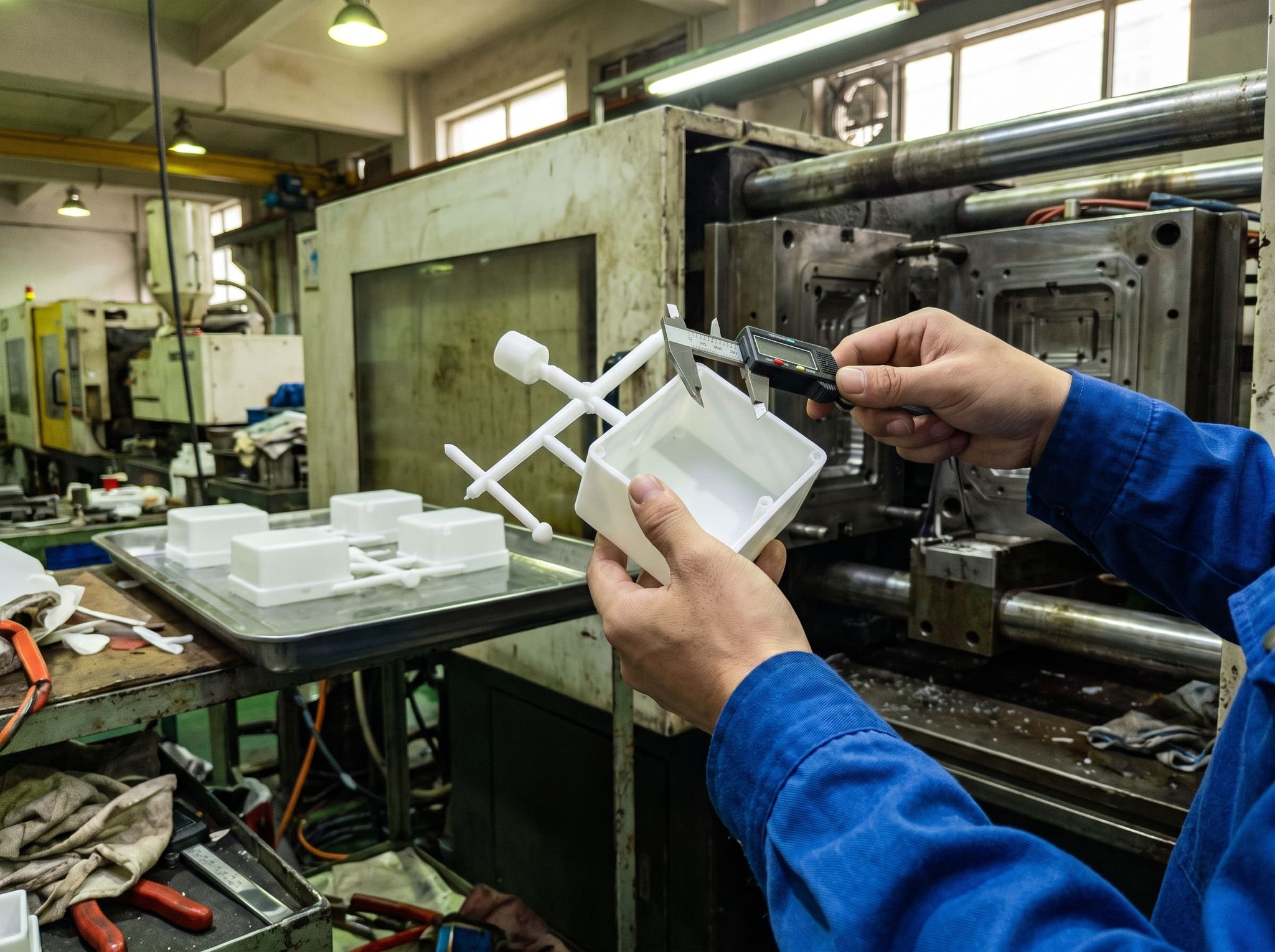 Caliper shown on the edge of a white plastic housing just molded, still attached to its sprue, near the press