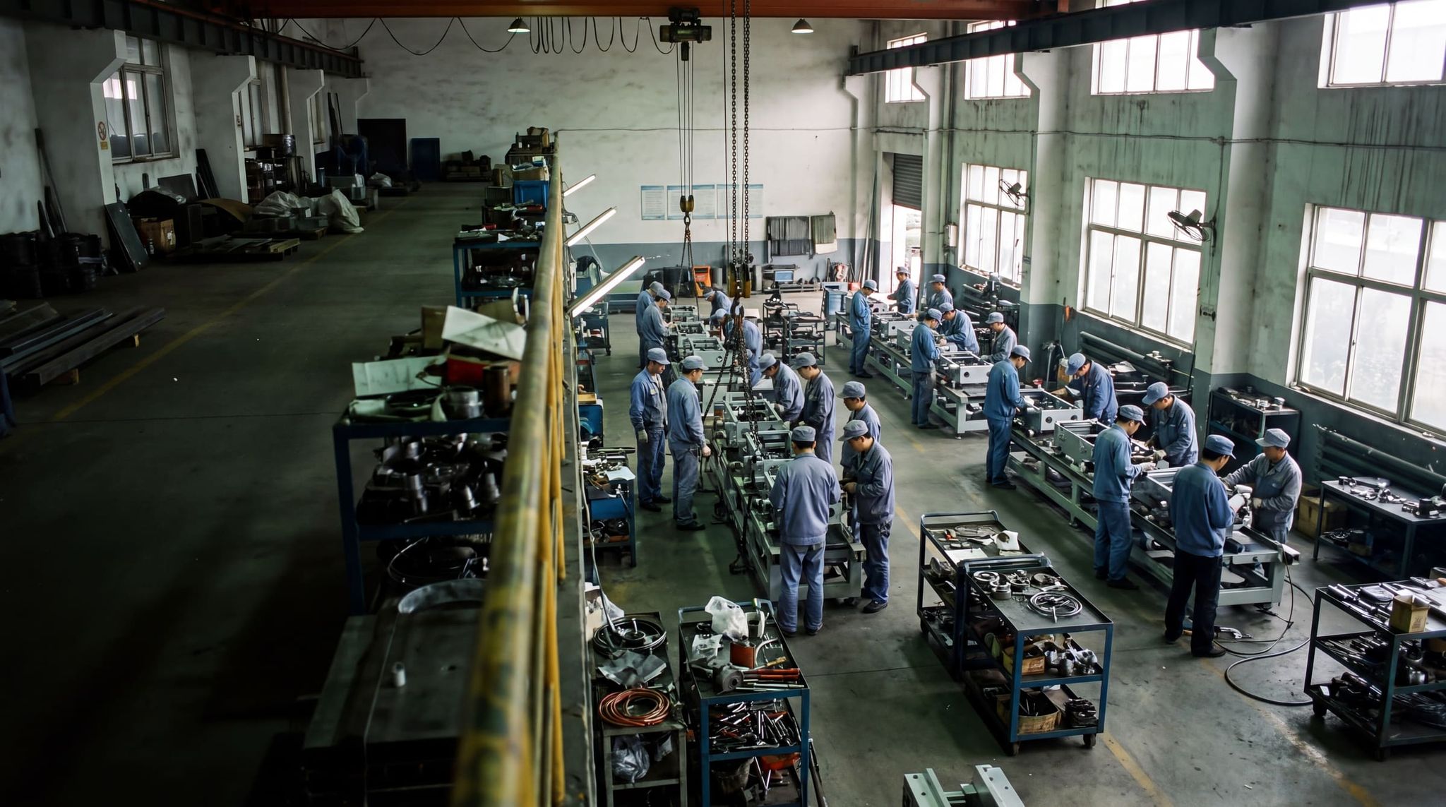 Overhead view of a machine assembly hall, workers in blue overalls spread along two lines