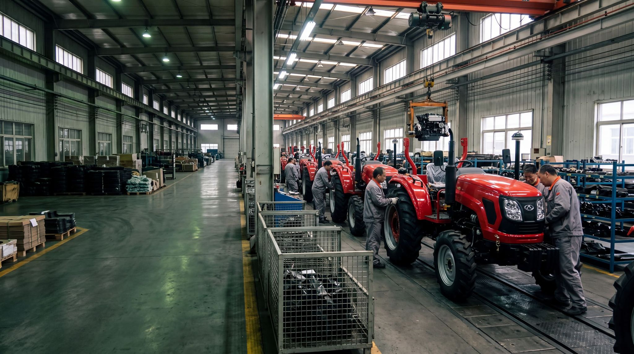 Assembly line of red compact tractors, workers in gray uniforms fitting wheels and hoods