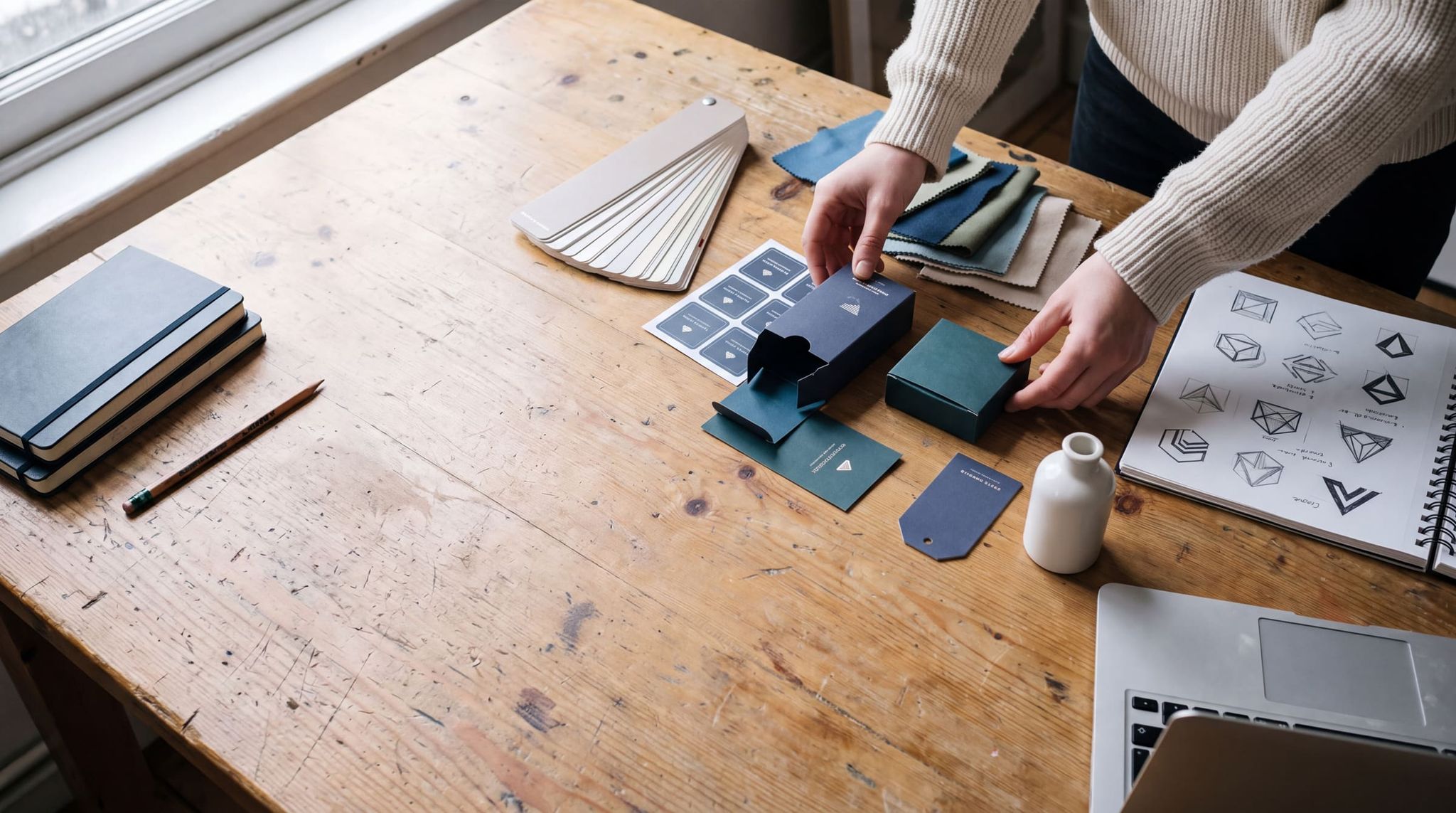 Hands holding navy and teal packaging mockups on a wooden table, next to fabric samples and logo sketches