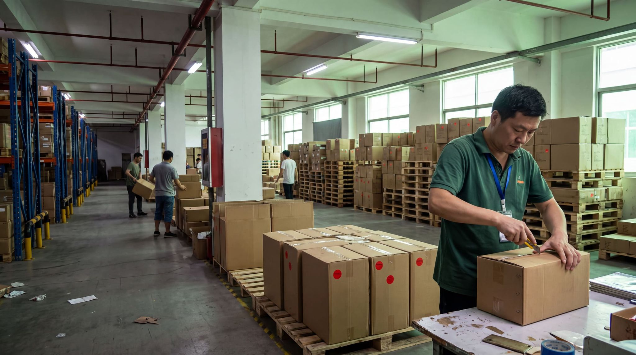QC inspector in a green polo opening an export carton with a box cutter in a finished-goods warehouse, cartons marked with red dots