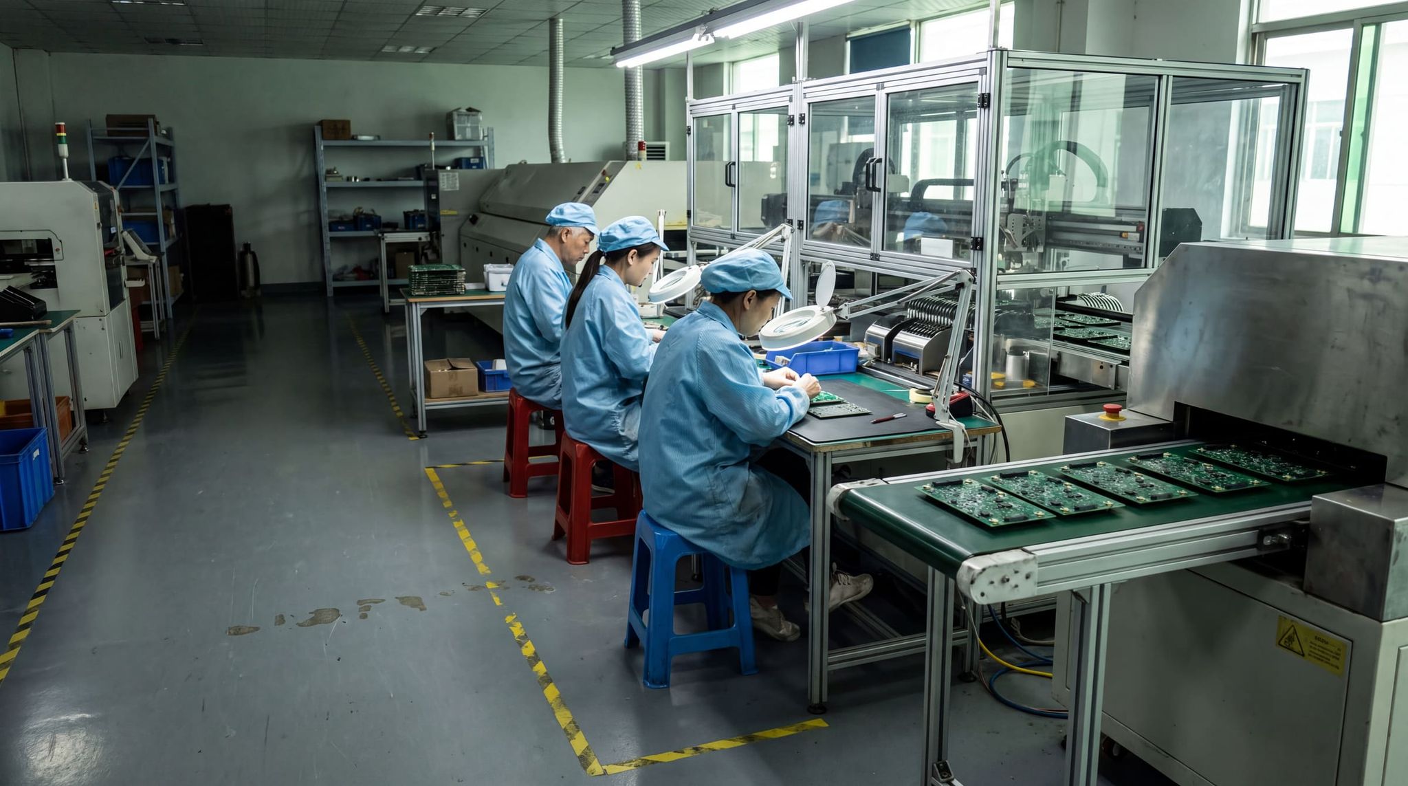 CMS line: circuit boards coming out of the reflow oven, operators in anti-static smocks under magnifiers