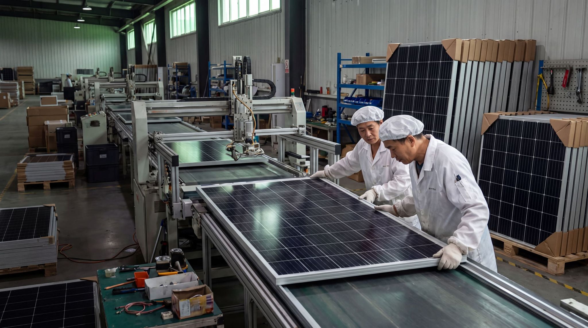 Two operators in white coats inspect the frame of a photovoltaic module on an assembly line