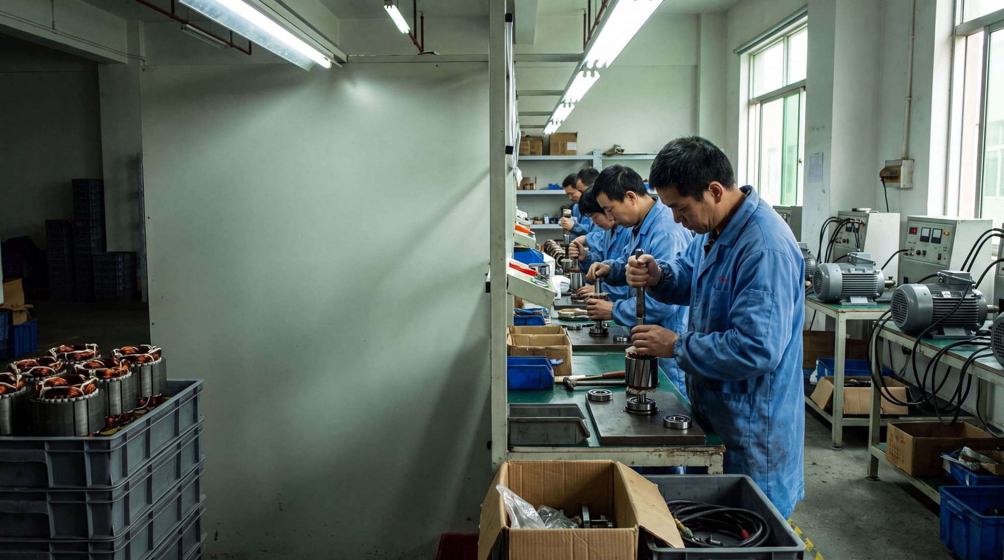 Workers in blue smocks assembling bearings onto rotors, copper-wound stators and engines on a test bench