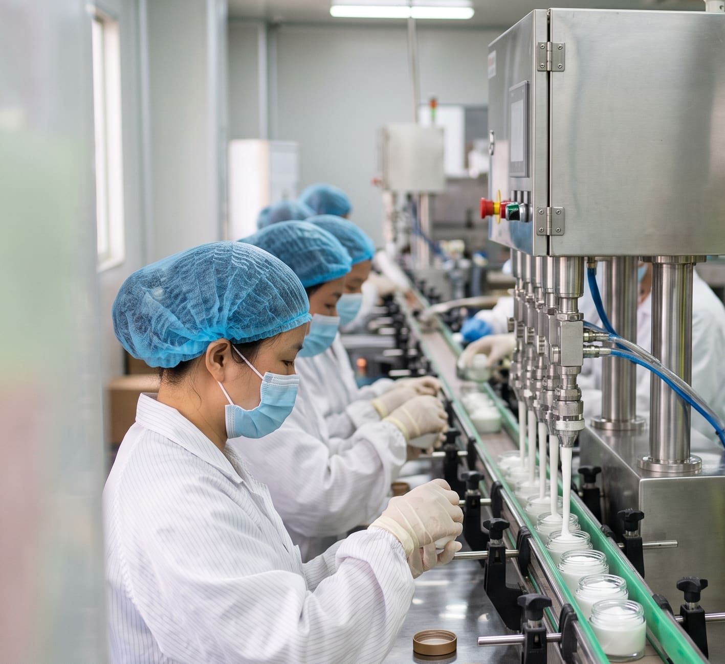 Operators in hairnets on a cosmetic jar filling line
