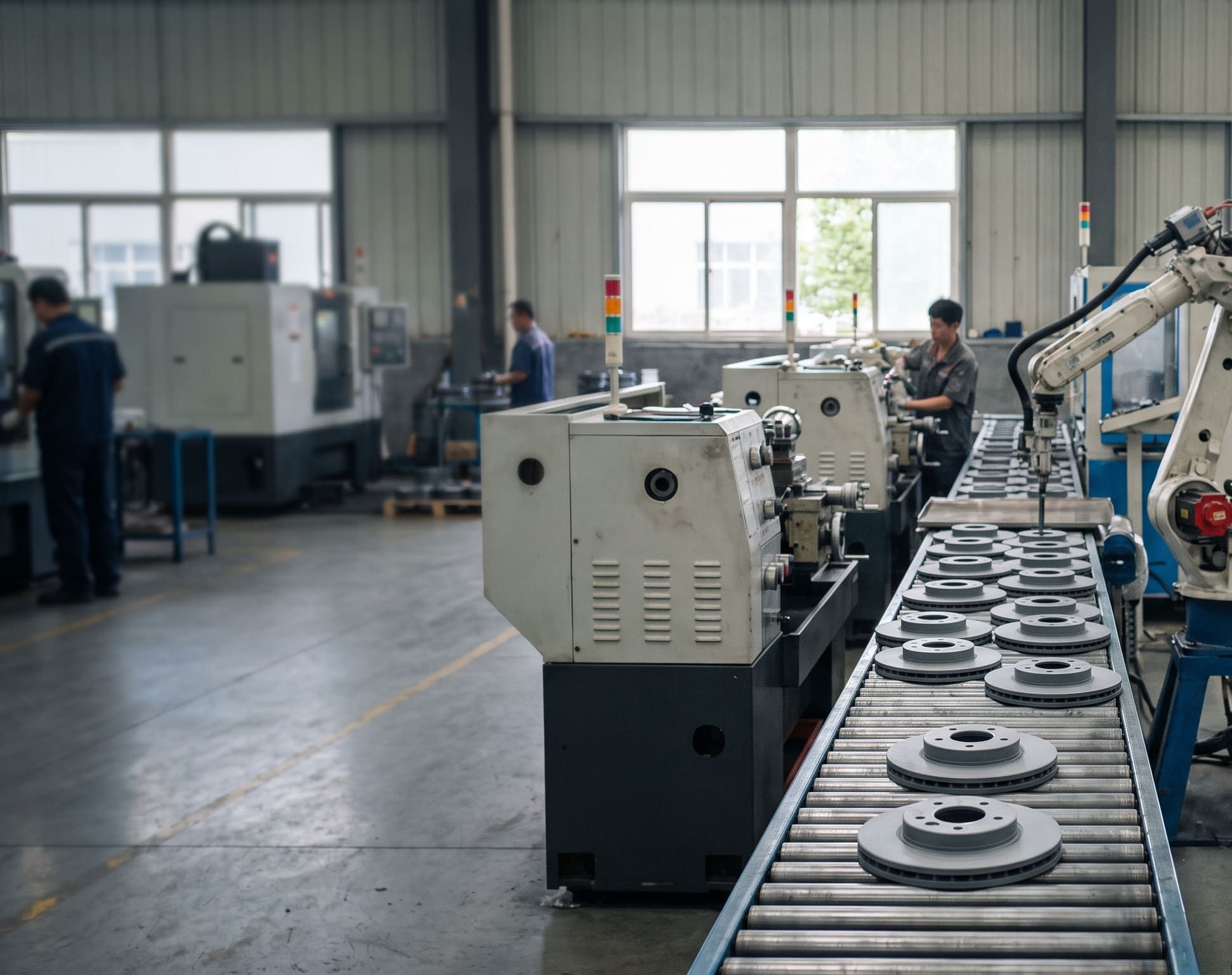 Brake discs coming off machining on a roller conveyor