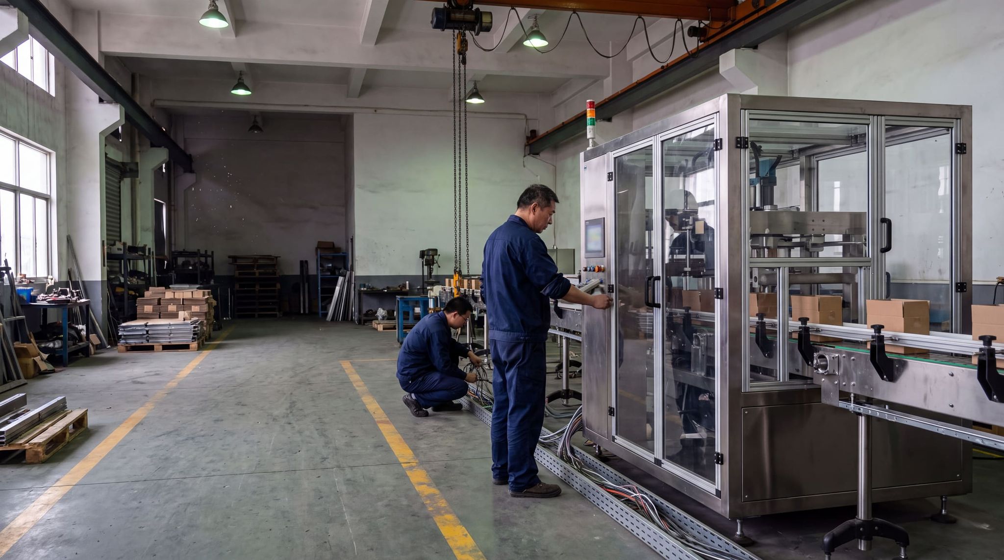 Stainless steel packaging machine being tested in a workshop, two technicians in workwear at the control panel and wiring