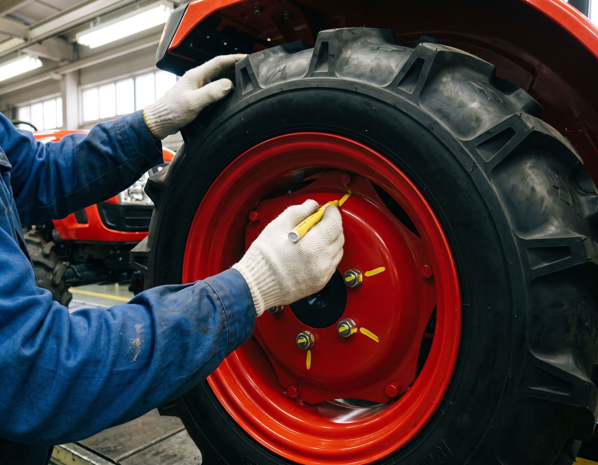 Paint marker marks on the wheel nuts and bolts of a compact tractor after torque tightening