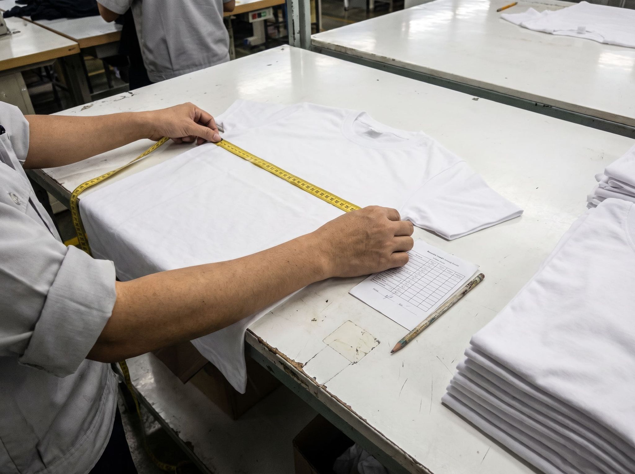 Measuring the width of a white t-shirt with a tape measure on an inspection table, measurement grid beside it