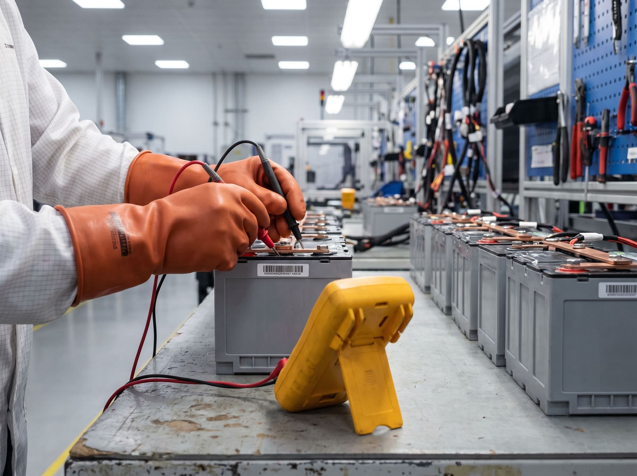 Voltage measurement on a lithium battery module, insulated gloves, multimeter resting on the bench